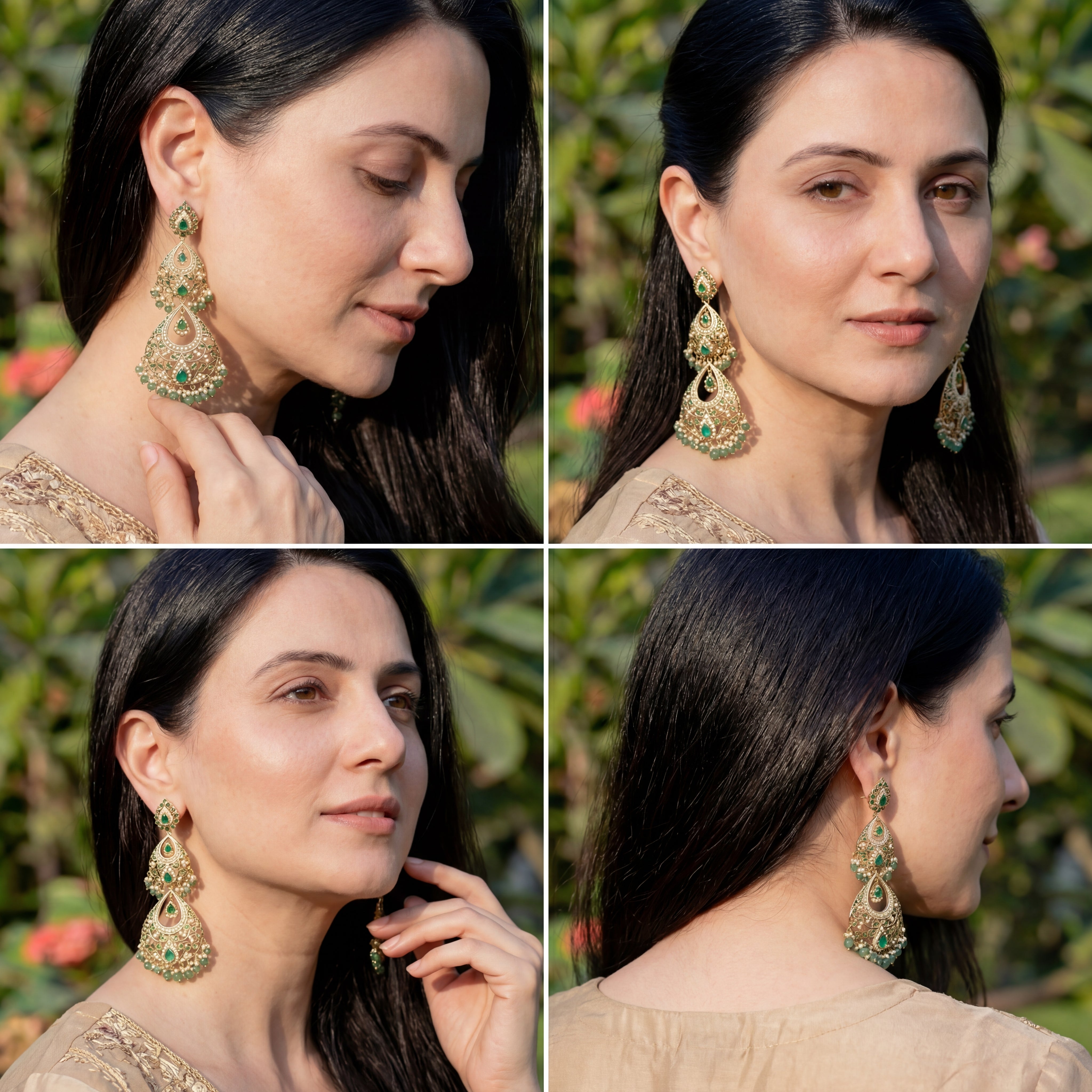 Statement Indian Earrings with Emeralds | Long Gold Plated Danglers ER 307