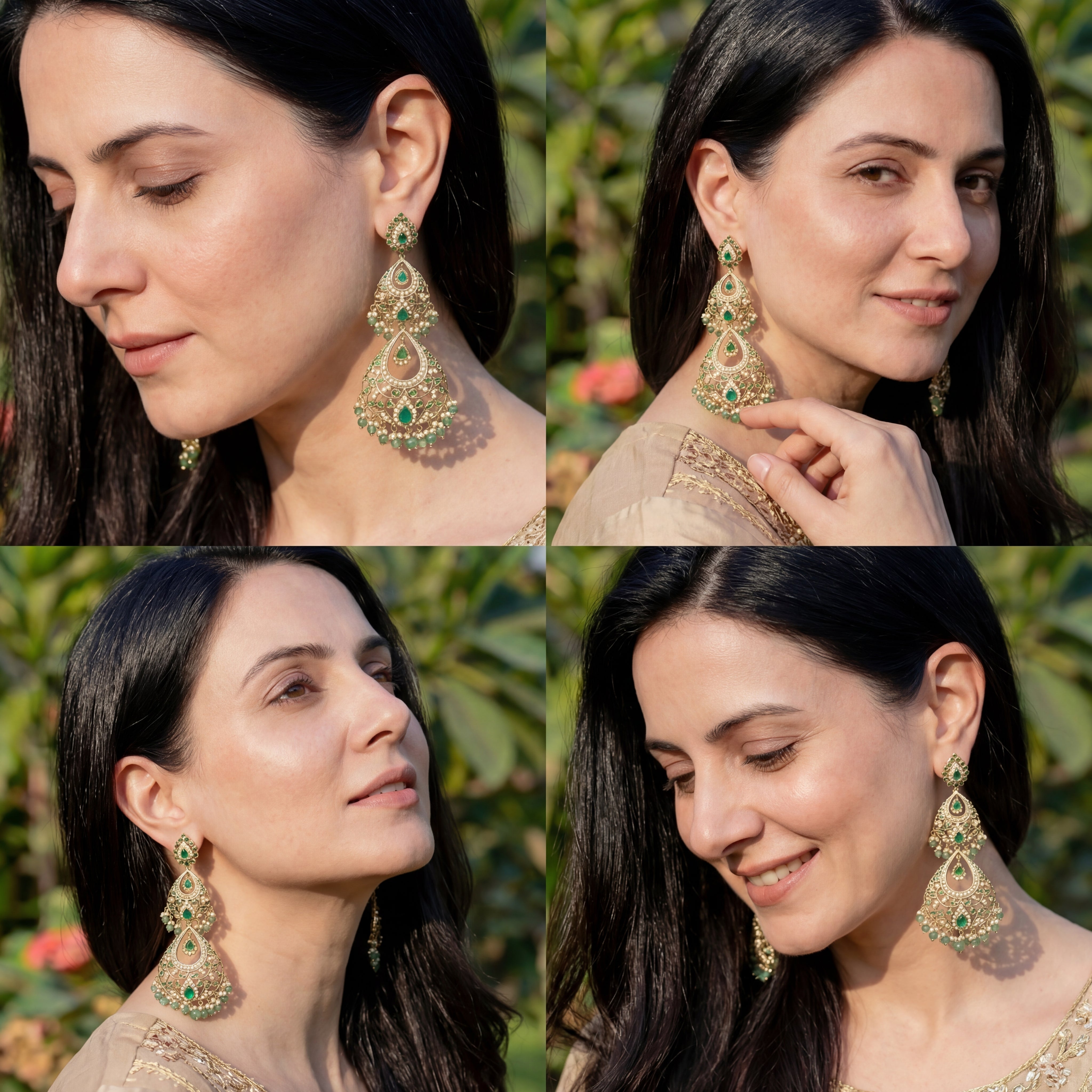 Statement Indian Earrings with Emeralds | Long Gold Plated Danglers ER 307