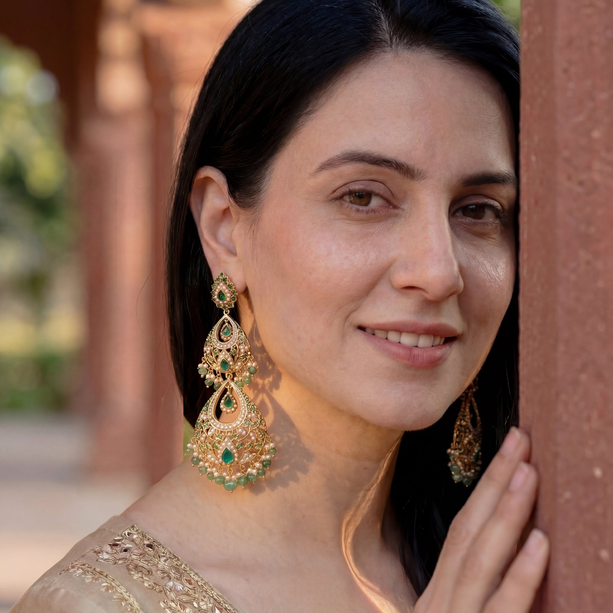 Statement Indian Earrings with Emeralds | Long Gold Plated Danglers ER 307