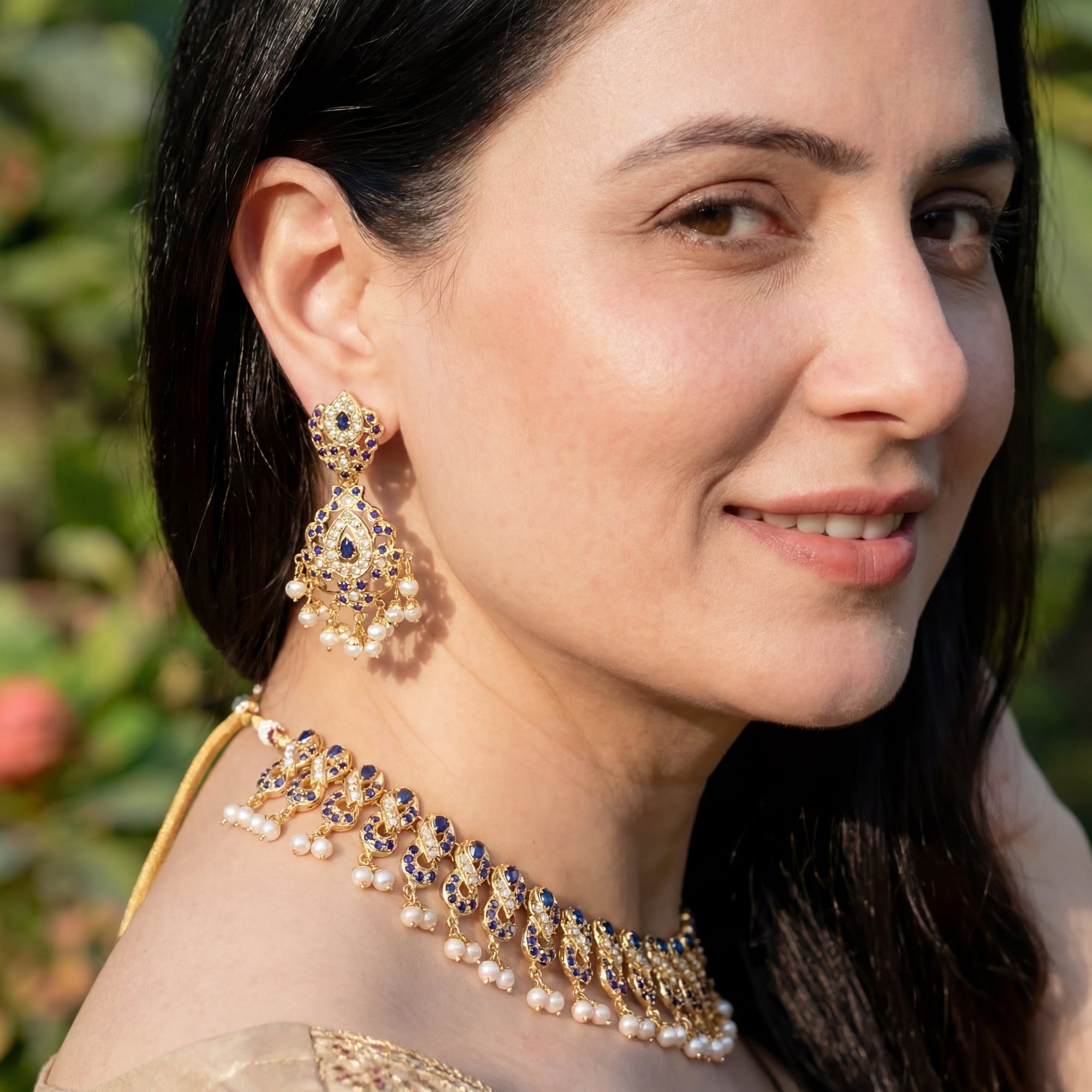 Gold Plated Jadau Set | Silver Based | Blue Sapphire & Pearl Jewelry NS 219