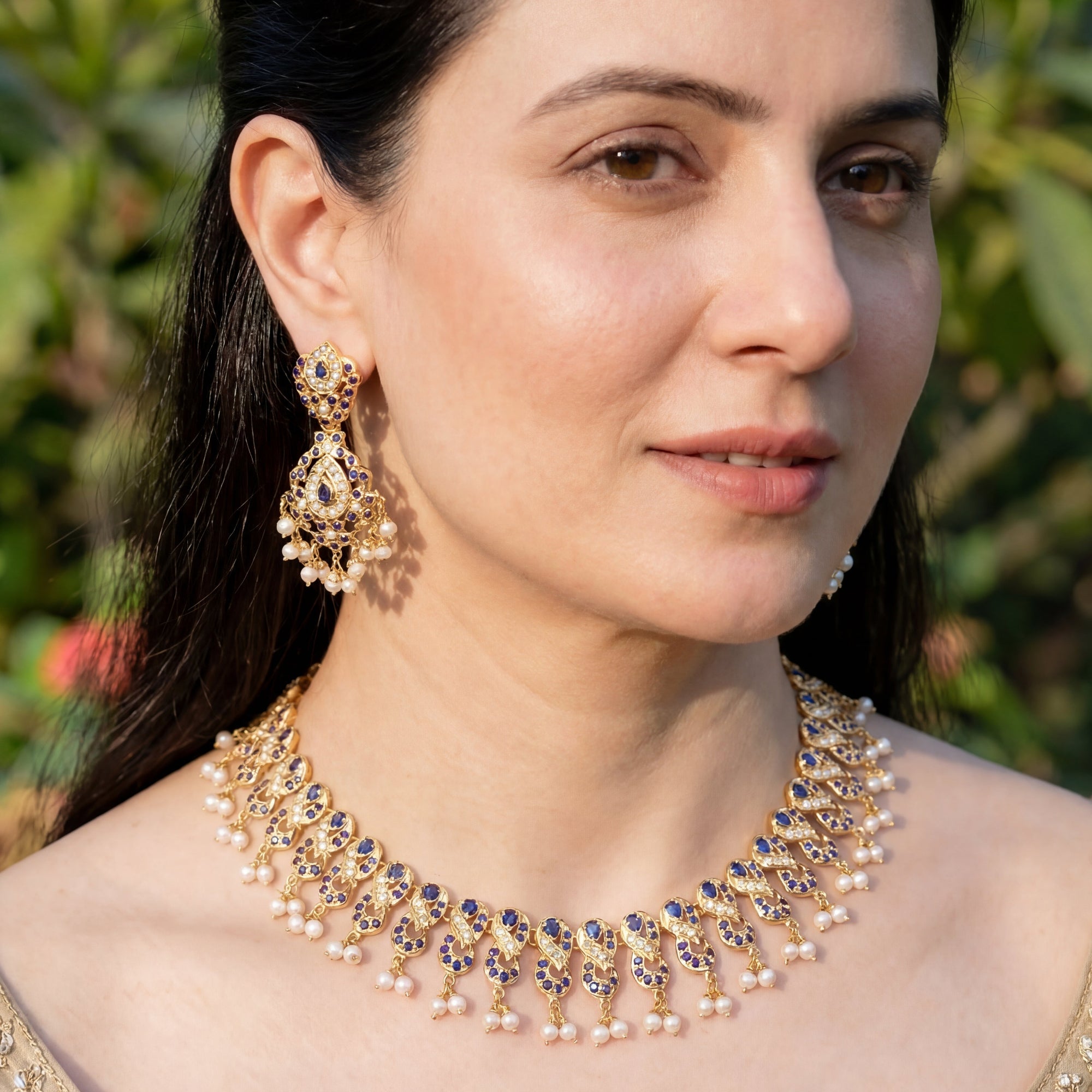 Gold Plated Jadau Set | Silver Based | Blue Sapphire & Pearl Jewelry NS 219