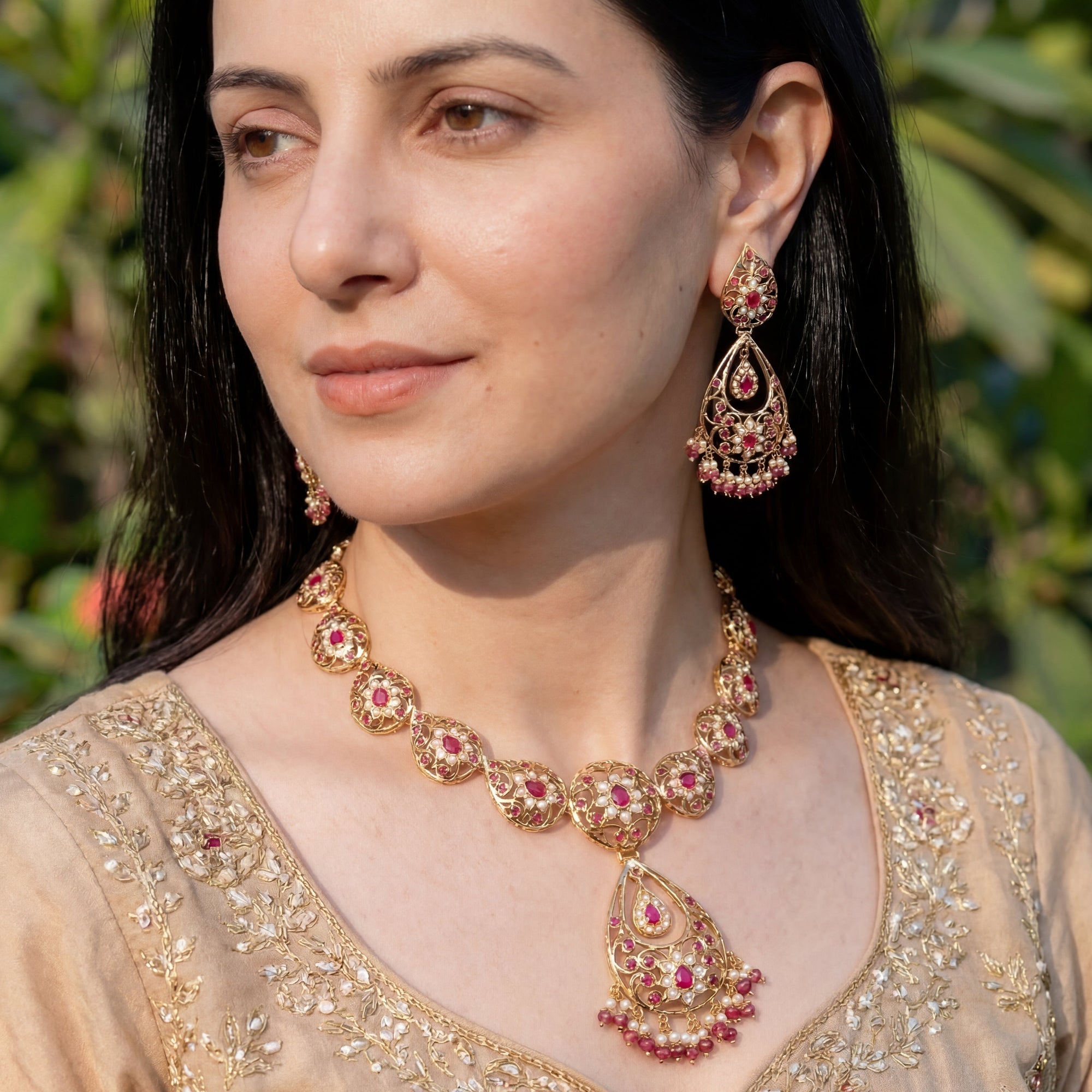 Antique Ruby Red Necklace Set | Gold Plated Silver Jewelry | Real Gold Like Finish NS 087