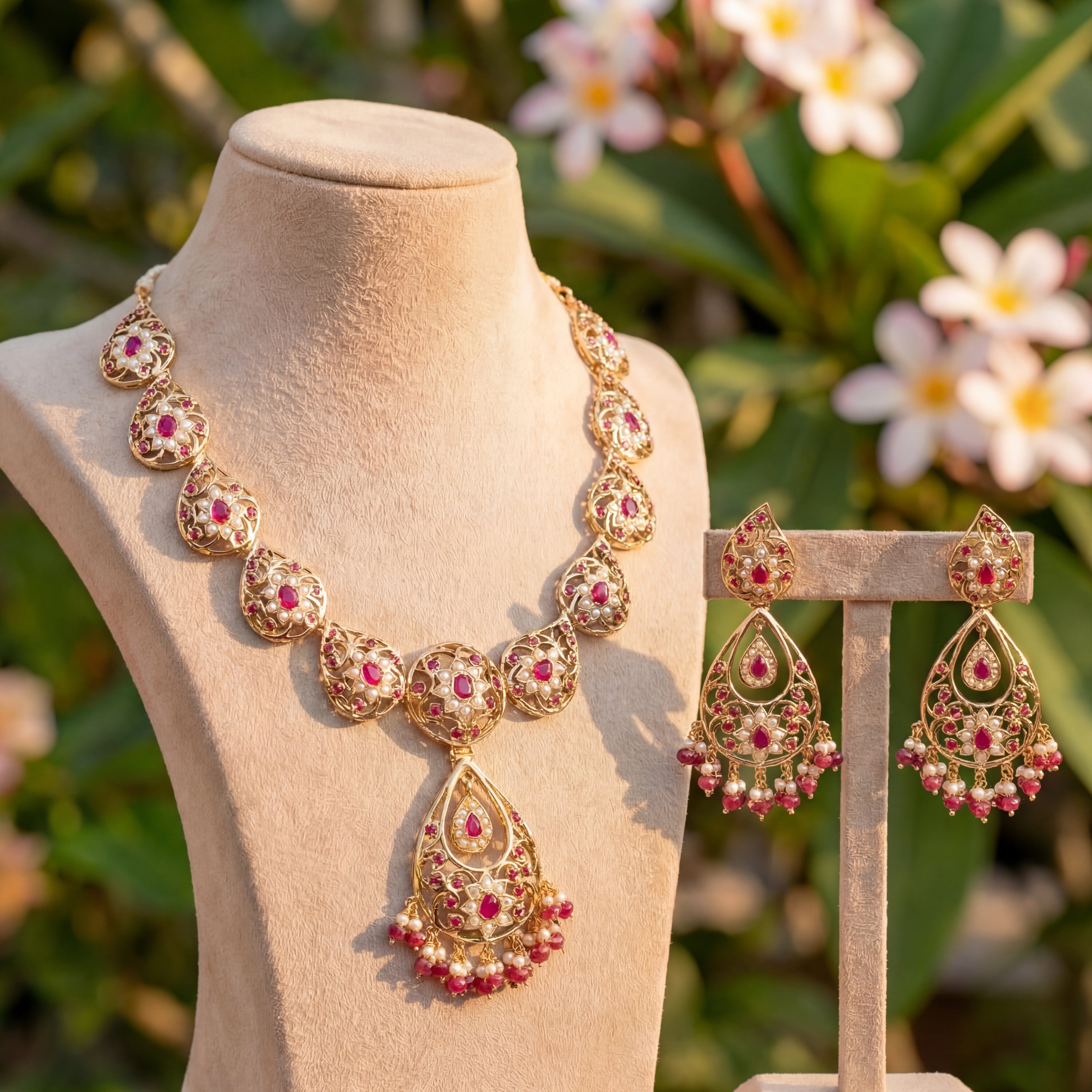 Antique Ruby Red Necklace Set | Gold Plated Silver Jewelry | Real Gold Like Finish NS 087