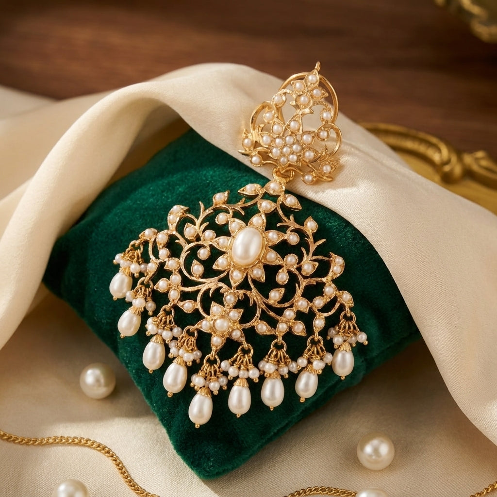 Alluring Pearl Earrings | Antique Edwardian Victorian Styled Indian Jewelry | Silver with Gold Plating ER 054
