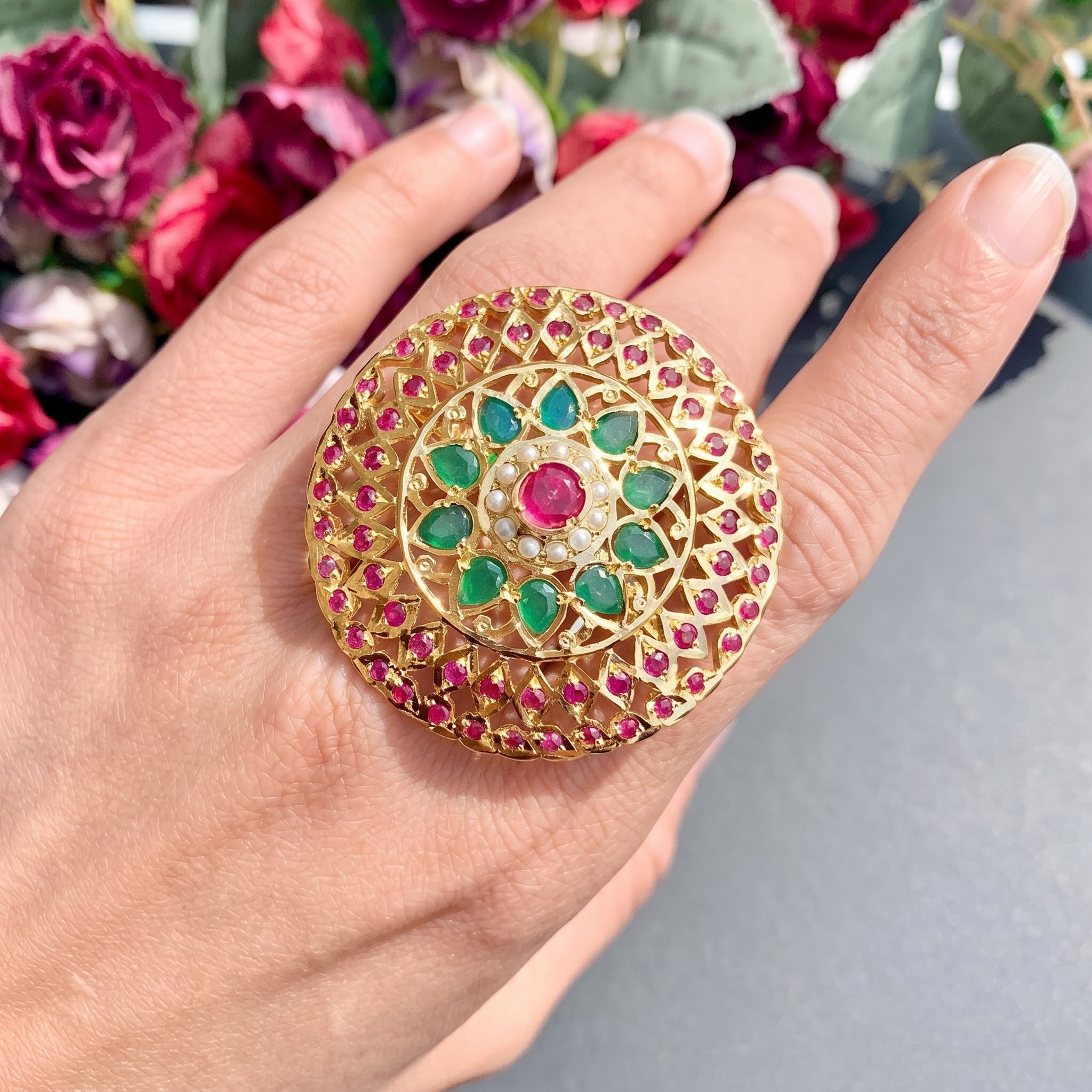 Multicolored Jadau Cocktail Ring in Gold Plated Silver LR 011