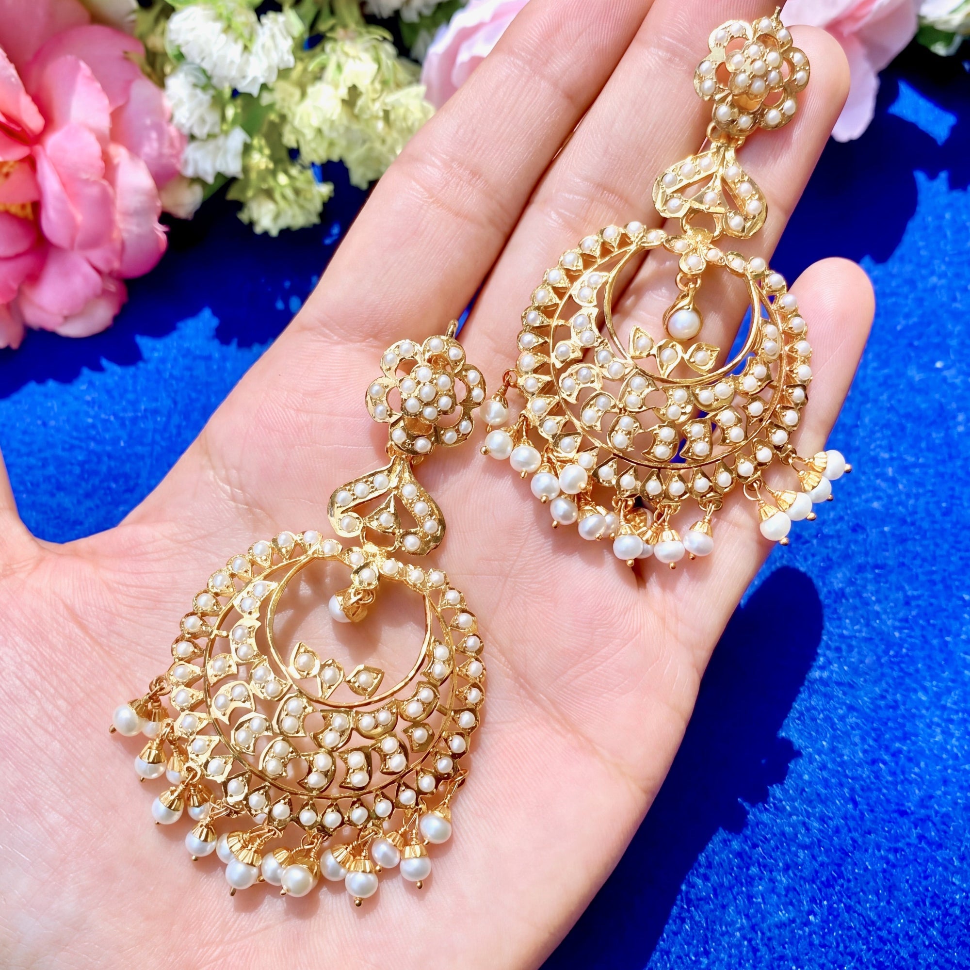 Jadau Chandbali Earrings | Fine Pearl Jewellery | Gold Plated Silver ER 040