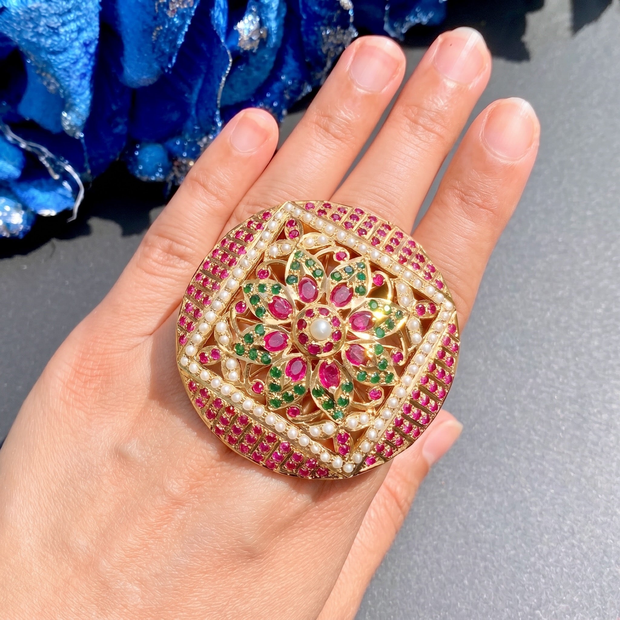 Multicolored Jadau Cocktail Ring in Gold Plated Silver LR 004