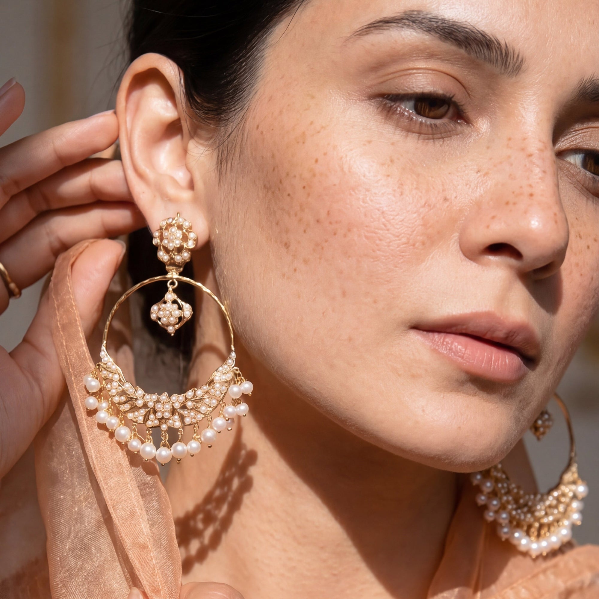 Pearl Chandbali Earrings | Pearl Hoop Earrings | Gold Plated Silver ER 264