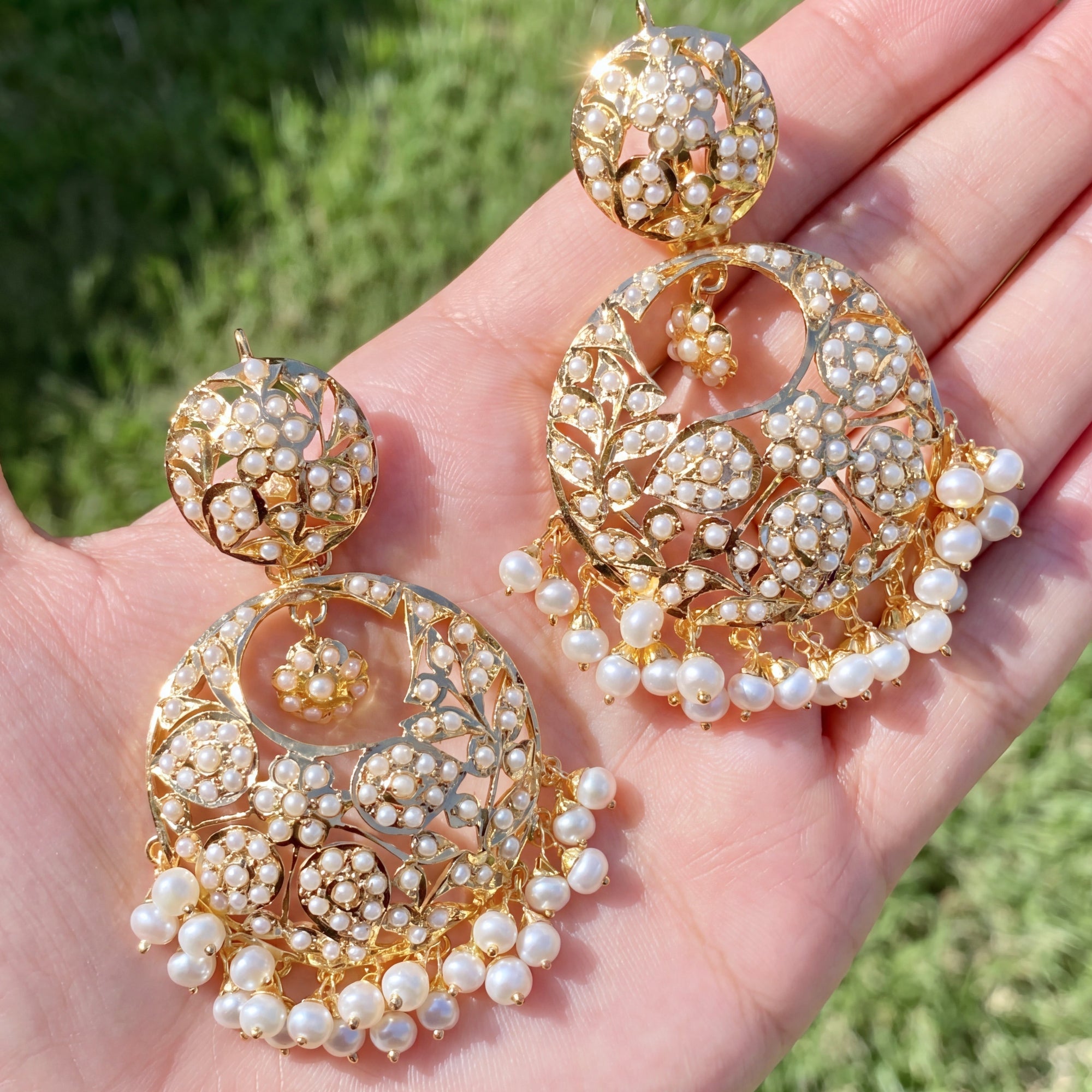 Pearl Chandbali Earrings Gold Plated | Sterling Silver & Real Pearls ER 314