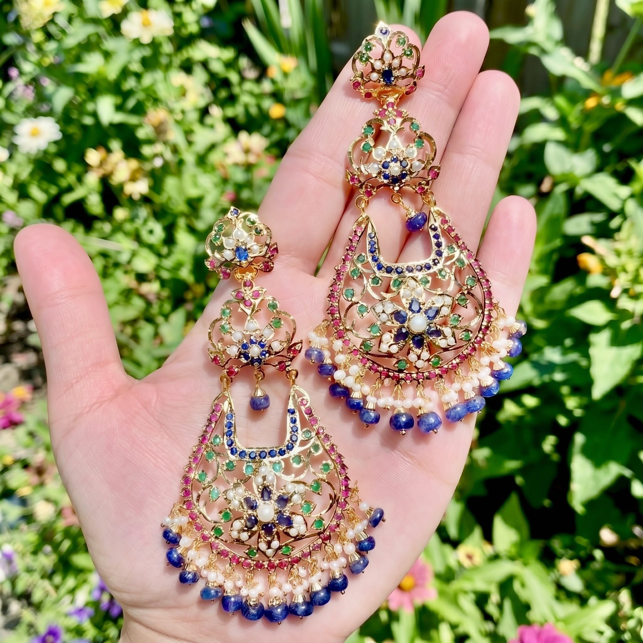 Gold Plated Chandelier Earrings | Multicolored Jadau Jewelry ER 599