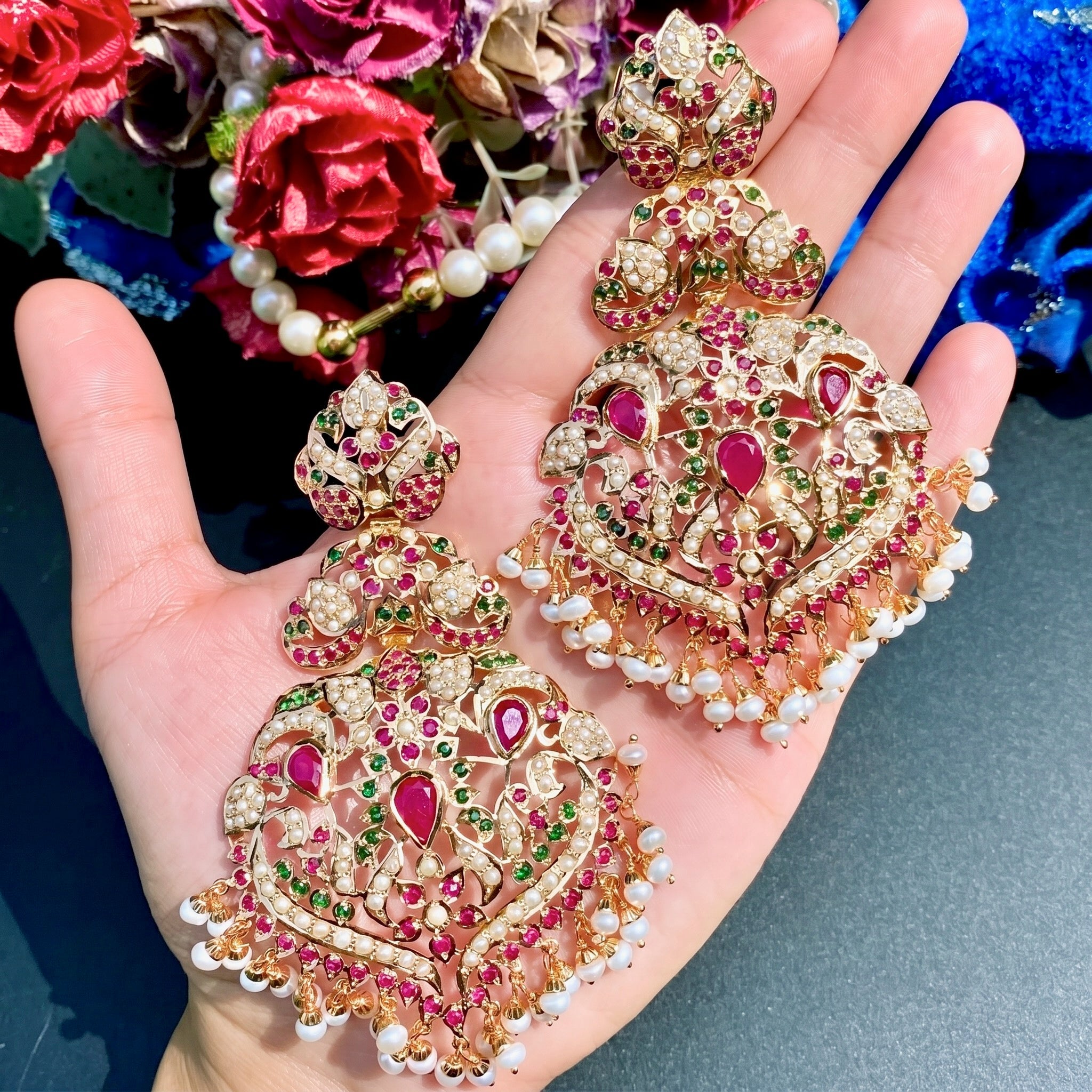 Statement Indian Silver Earrings | Traditional Jadau Jewellery | Long Earrings ER 440