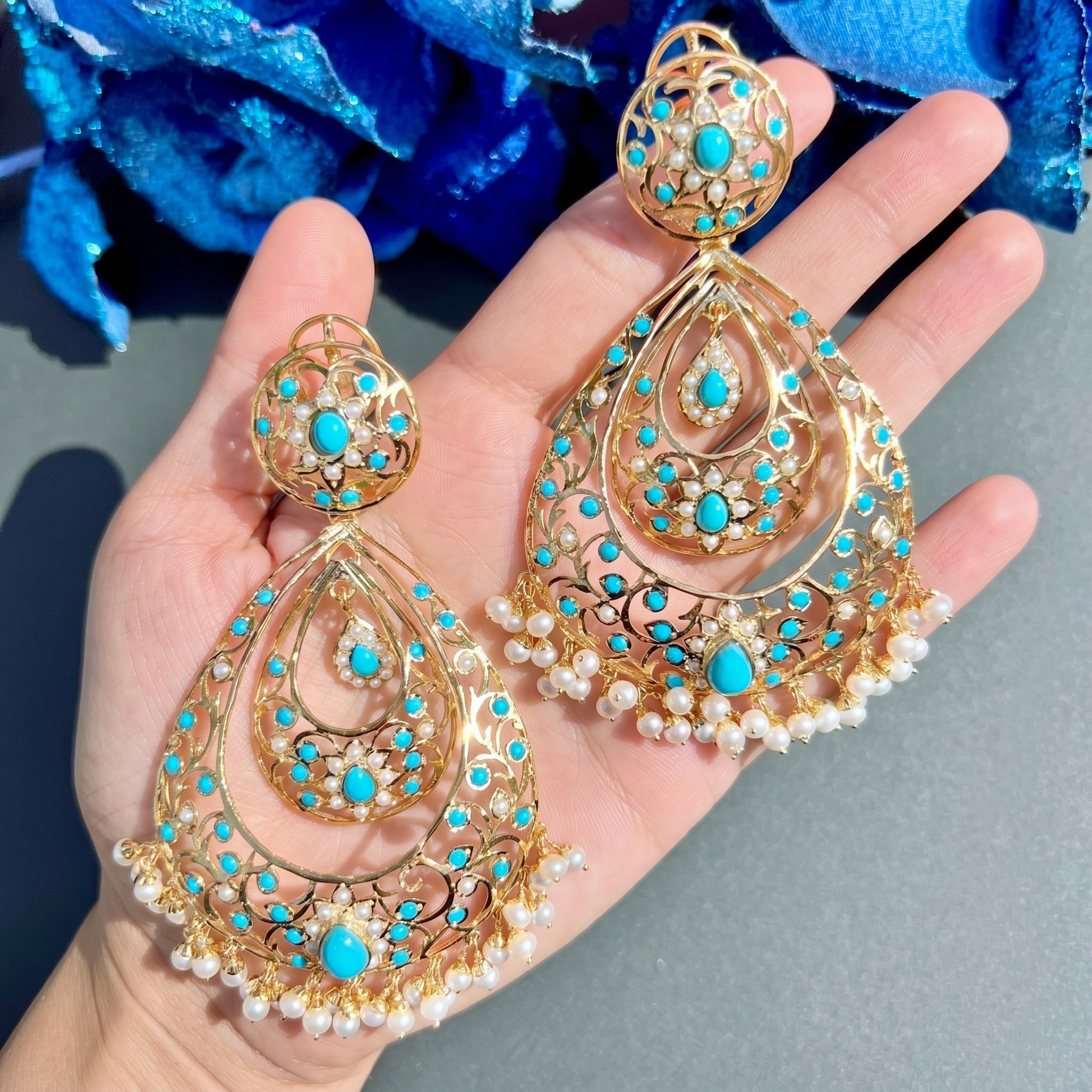 Large Drop Shaped Pearl and Feroza Earrings | Gold Plated on Silver ER 159