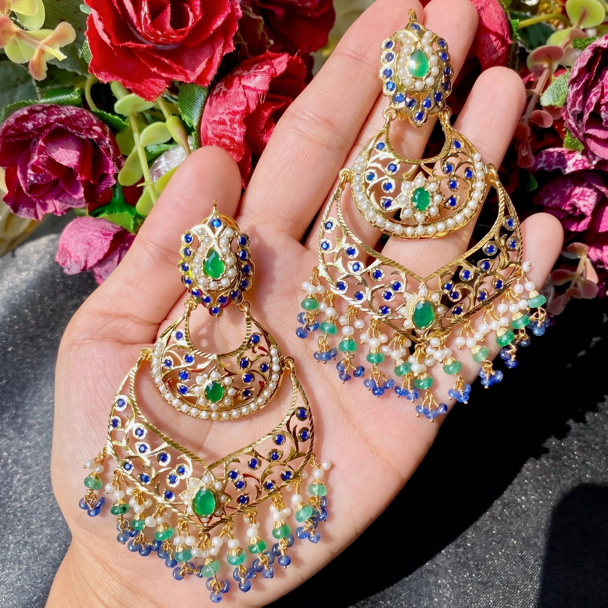 Statement Long Chandbali Earrings | Emerald-Sapphire-Pearls | Gold Plated ER 110