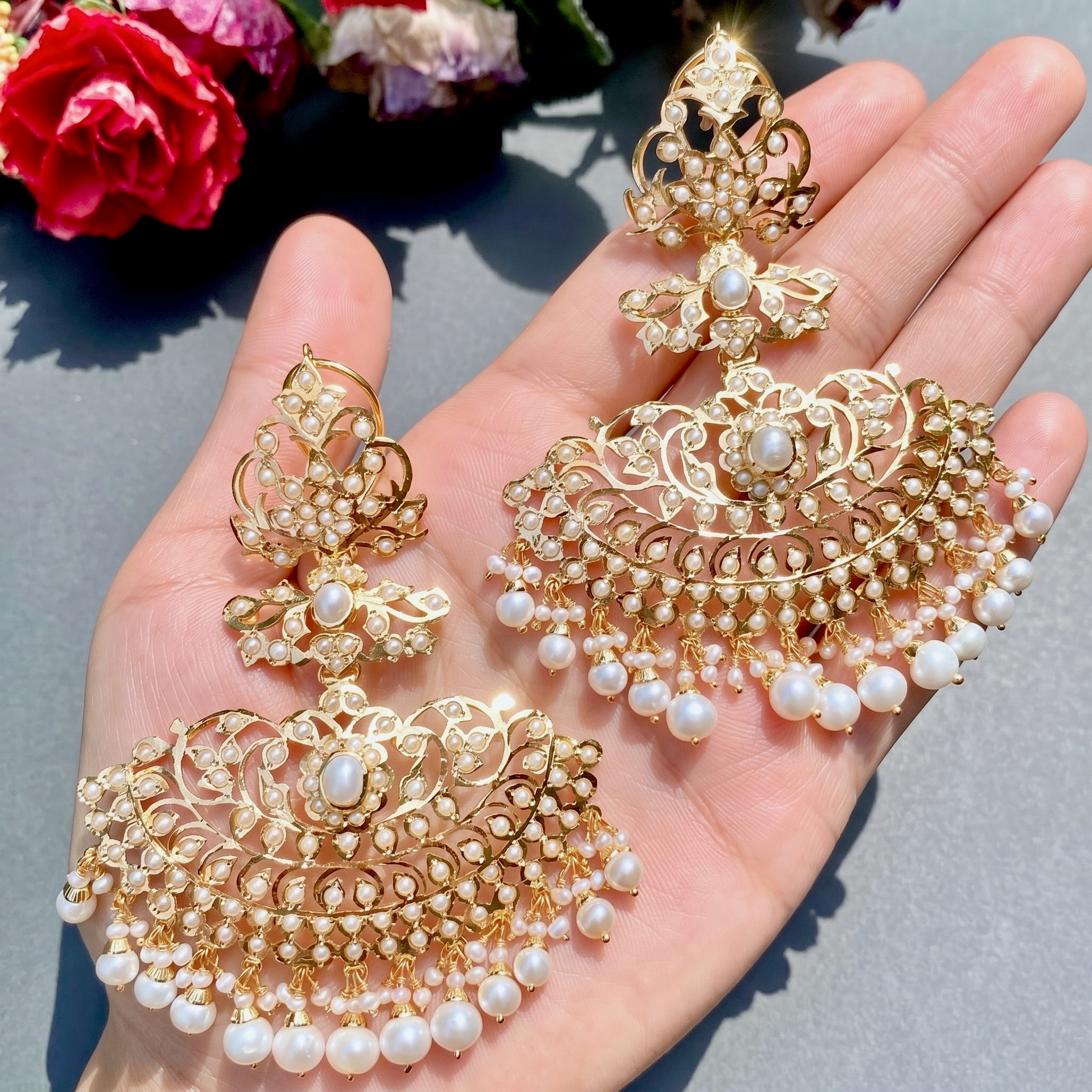 Statement Pearl Danglers | Long Antique Styled Indian Gold Plated Earrings ER 306