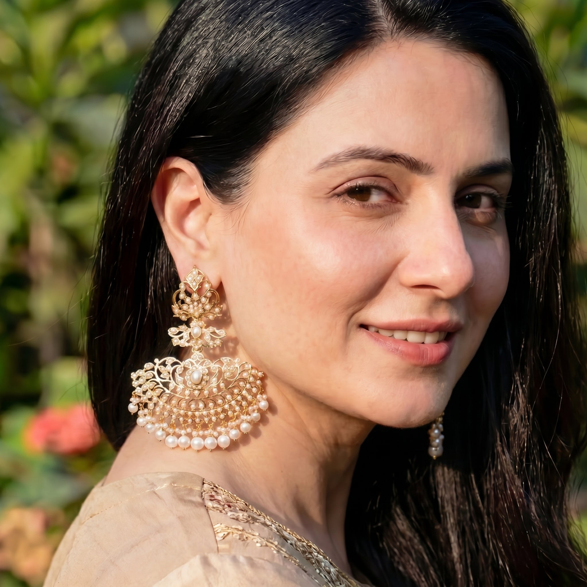 Statement Pearl Danglers | Long Antique Styled Indian Gold Plated Earrings ER 306