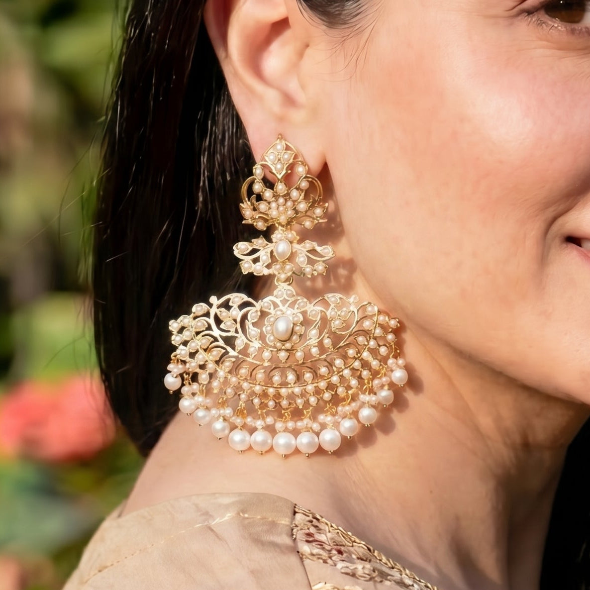 Statement Pearl Danglers | Long Antique Styled Indian Gold Plated Earrings ER 306