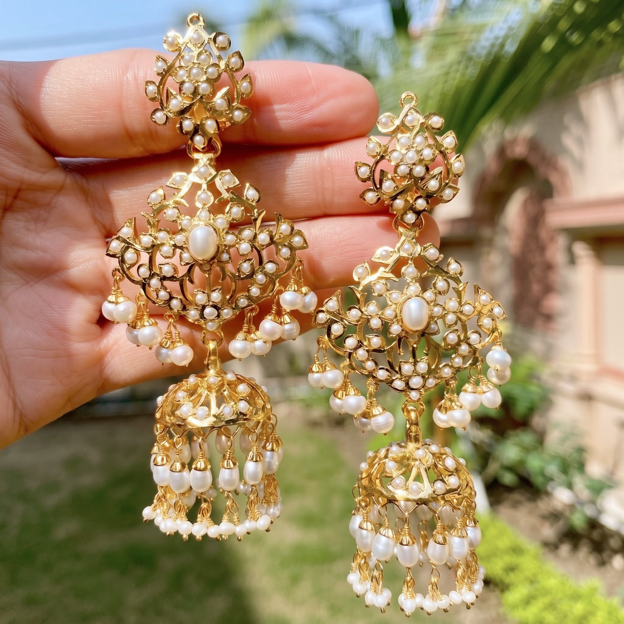 Tall Pearl Jhumki Earrings | Big Pearl Jhumkas For Women | Gold Plated Silver ER 153