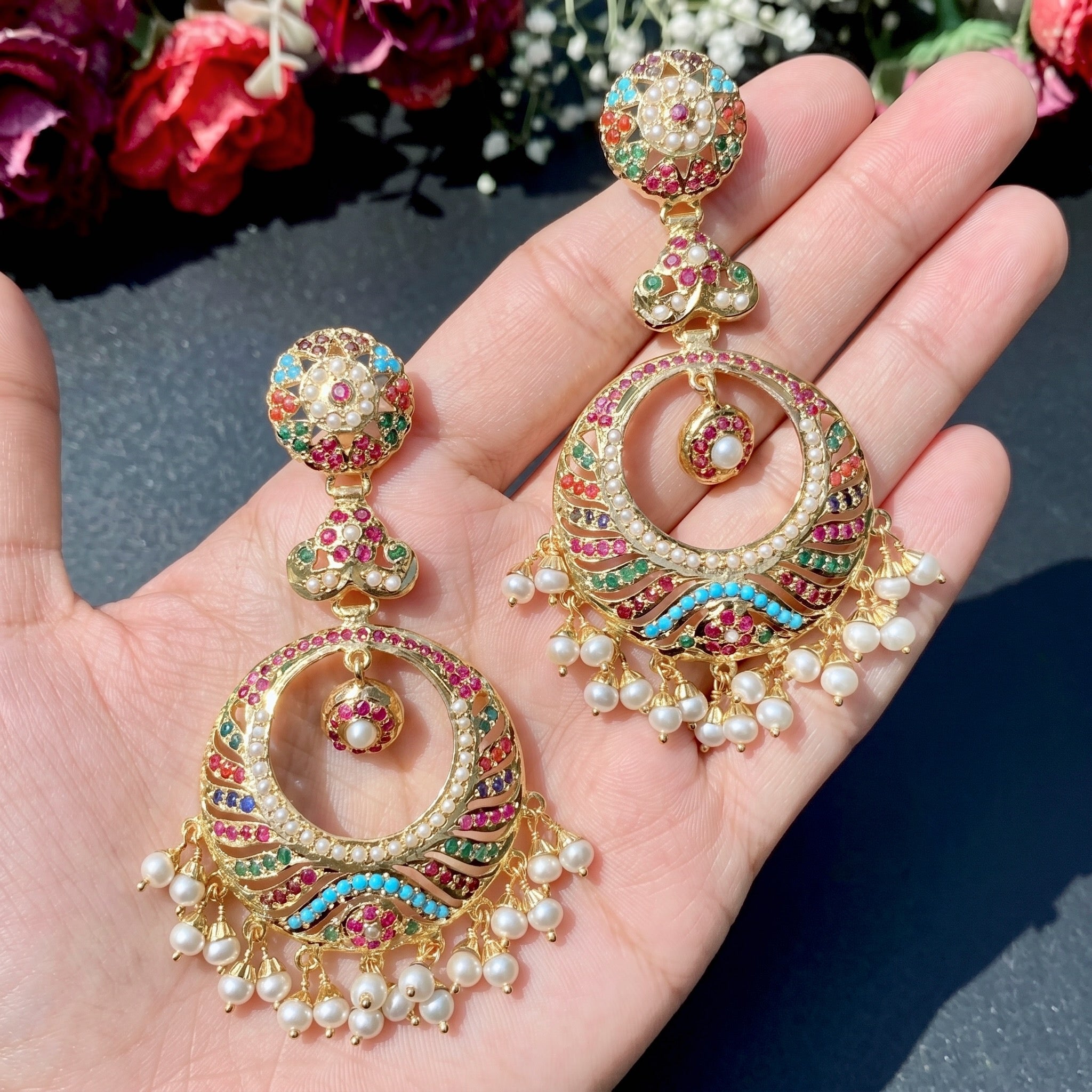 Gold Plated Navratan Chandbalis | Sterling Silver with Gold Plating ER 411B