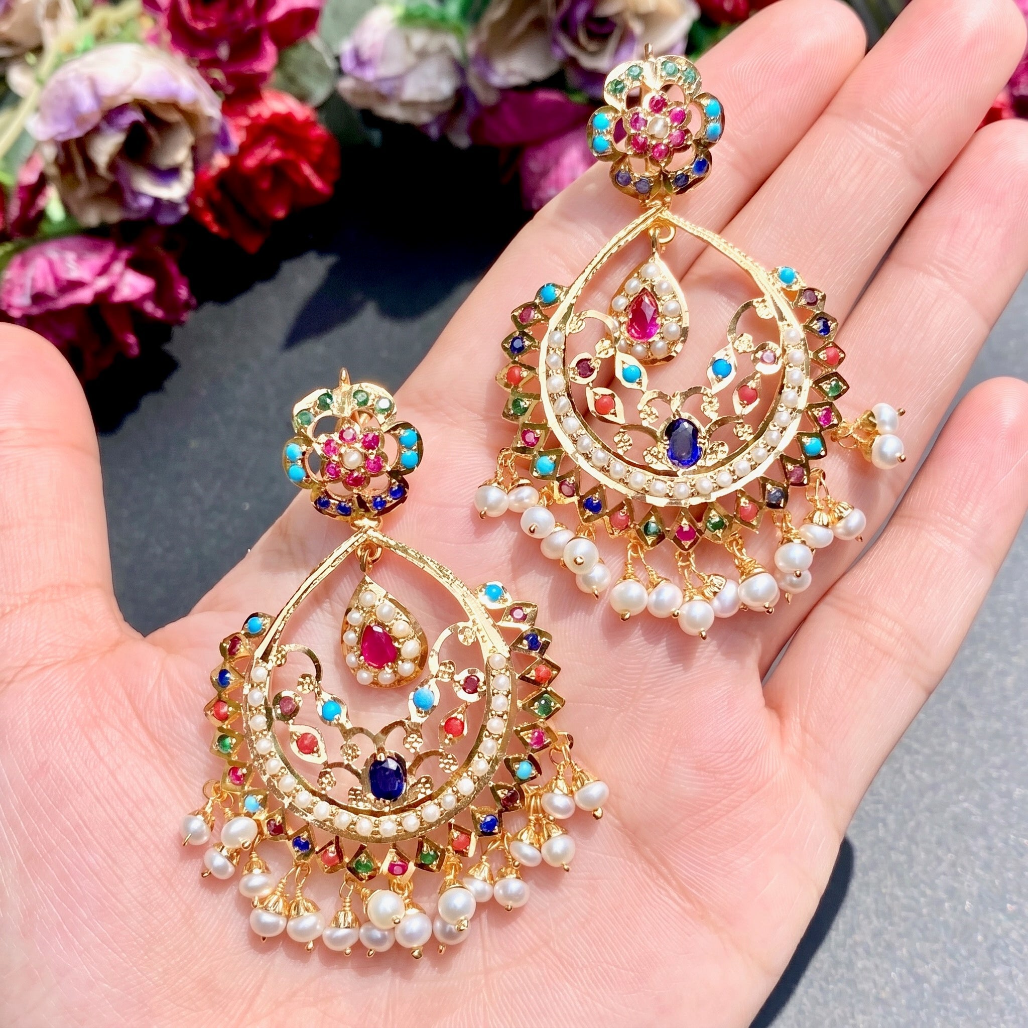Gold Plated Navaratna Chandbali Earrings for Women | Buy Jadau Earrings Online ER 347