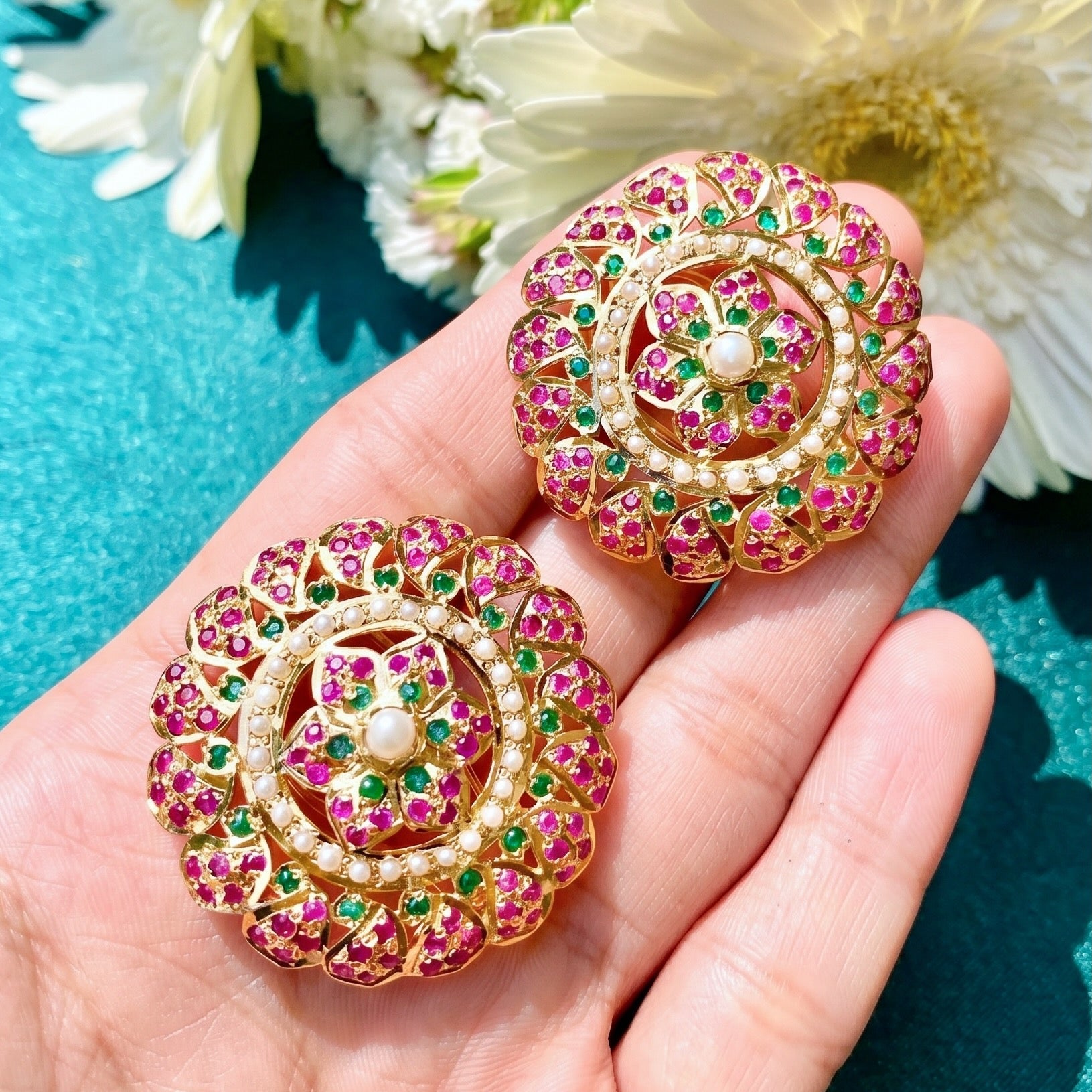 Gold Plated Jadau Stud | Oversized Earrings for Women ER 065
