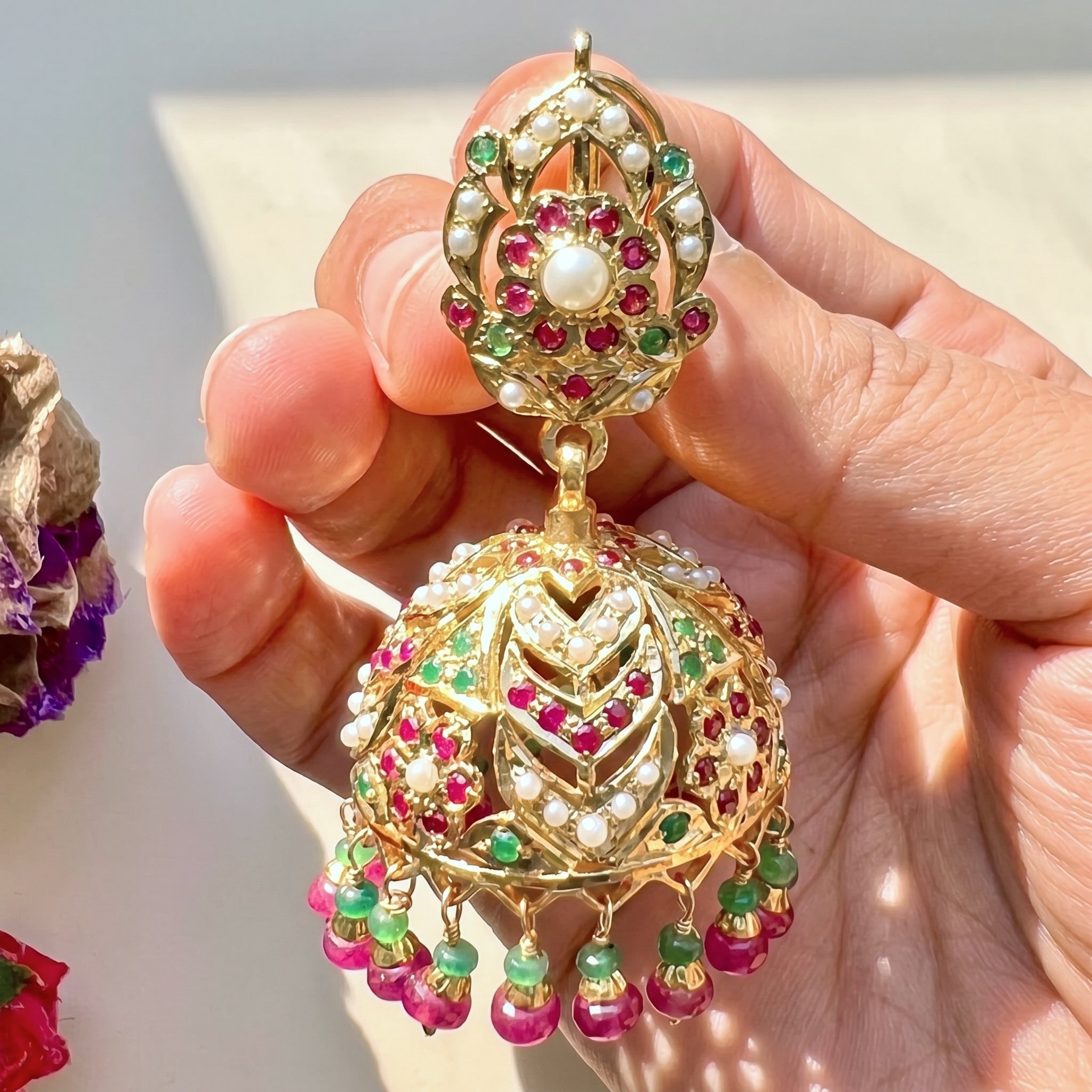 Punjabi Jadau Jhumka Earrings | Gold Plated on Silver | Hyderabadi Style Ruby Emerald Jhumki ER 168