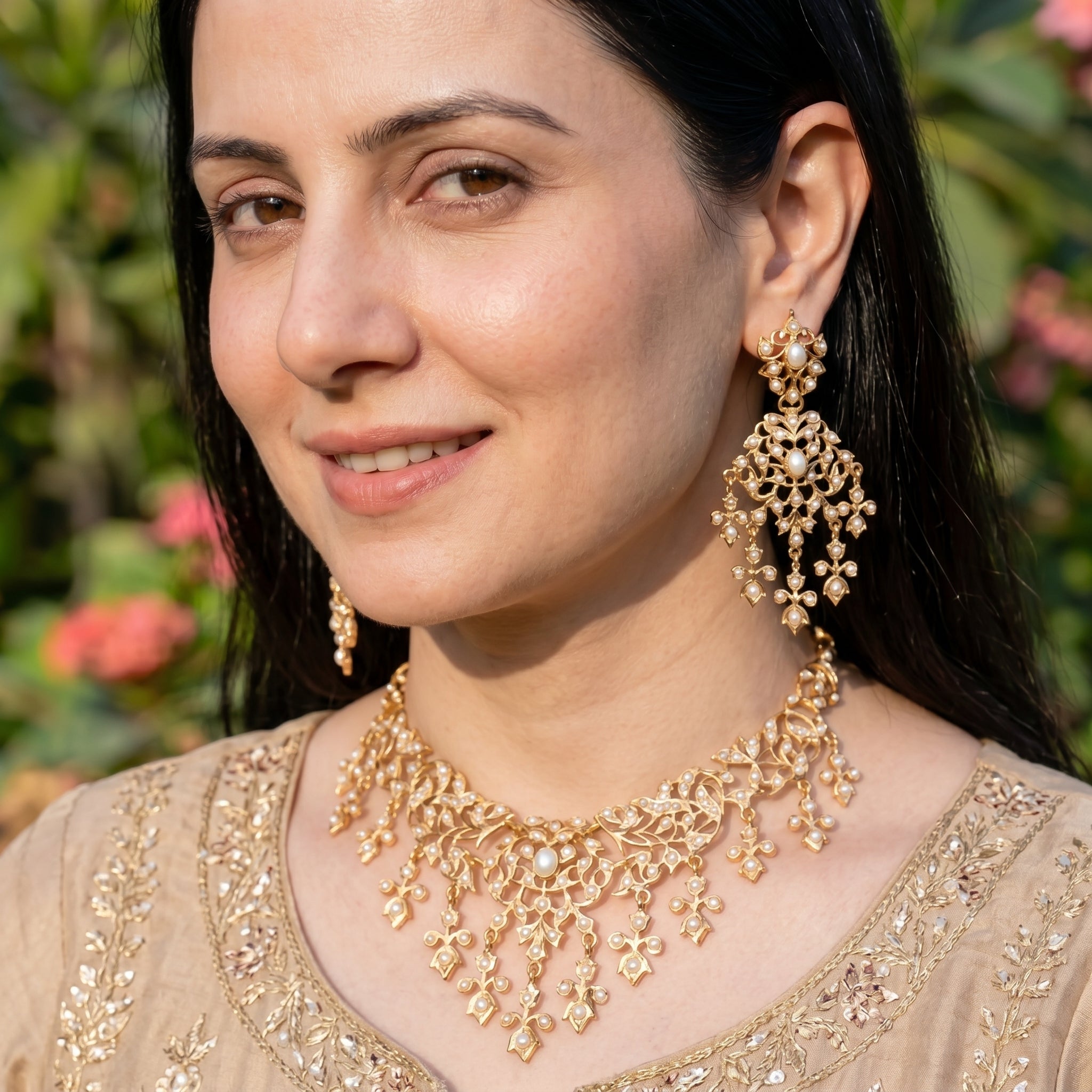 Antique Style Indian Pearl Necklace Set | Gold Polished Sterling Silver NS 093