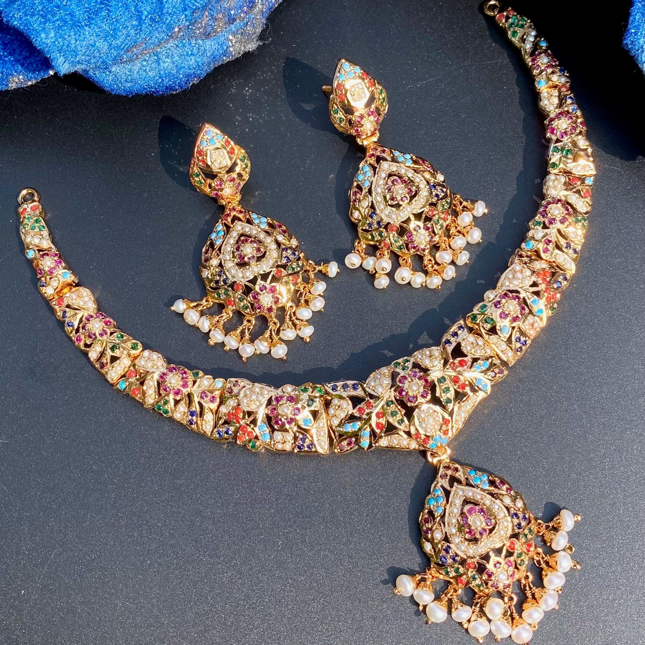 Navrattan Necklace Set | Fine Jadau Jewellery| Gold Plated Silver NS 100