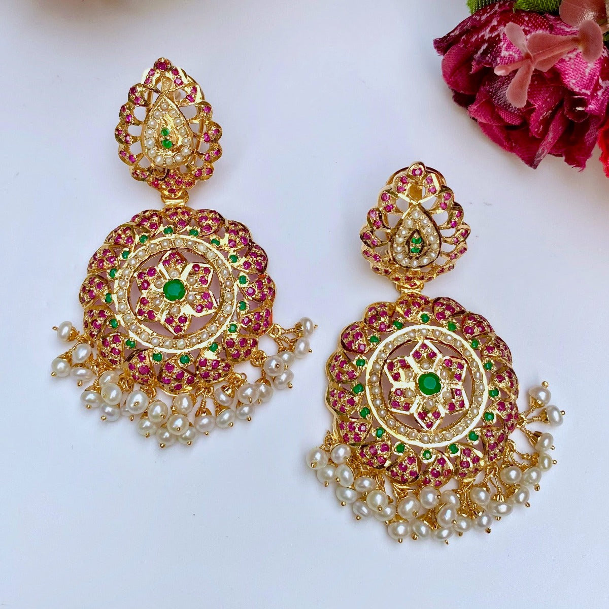 pakistani style jadau earrings in gold plated silver