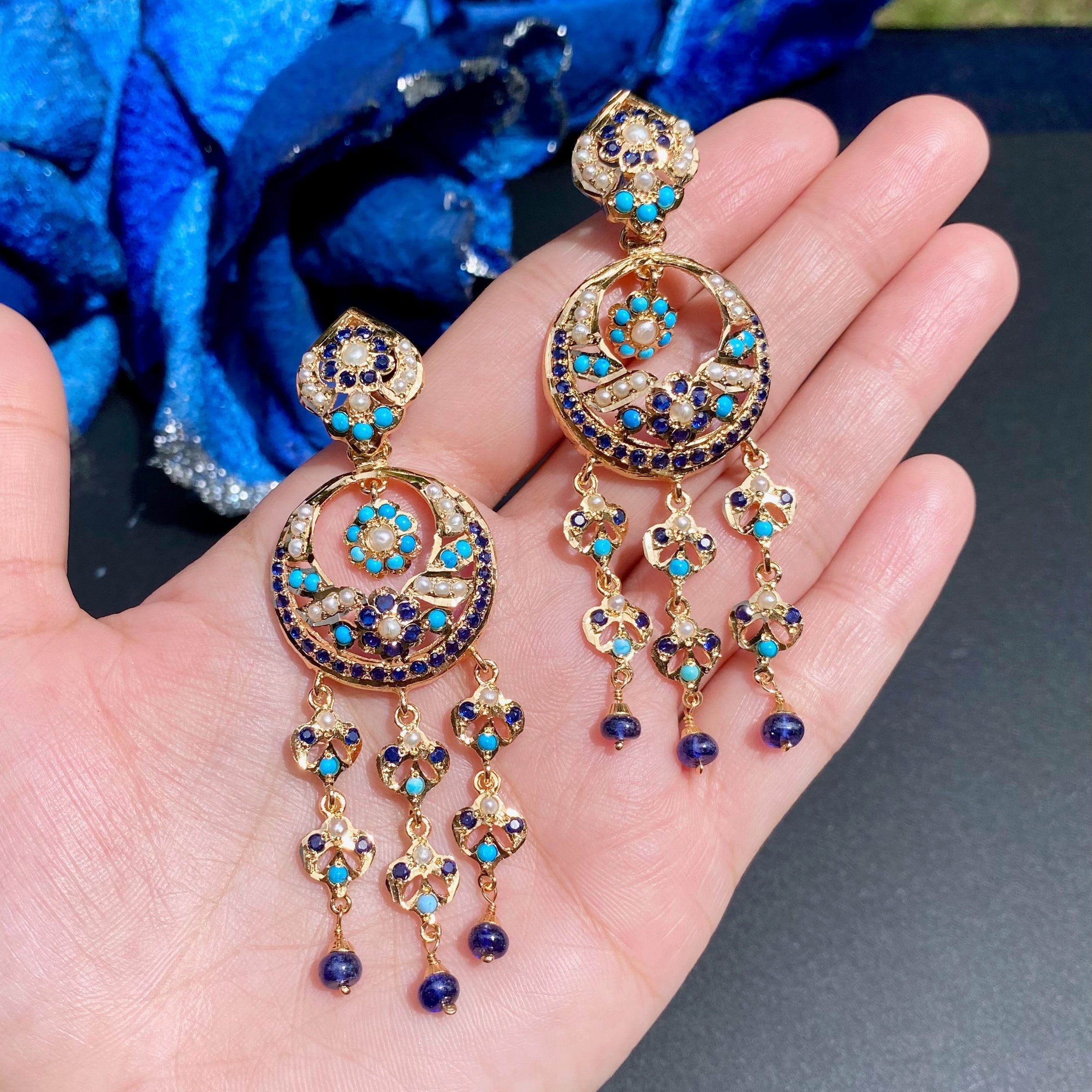 Blue Chandbali Earrings | Long Jadau Earrings on Silver Base with Gold Plating ER 631