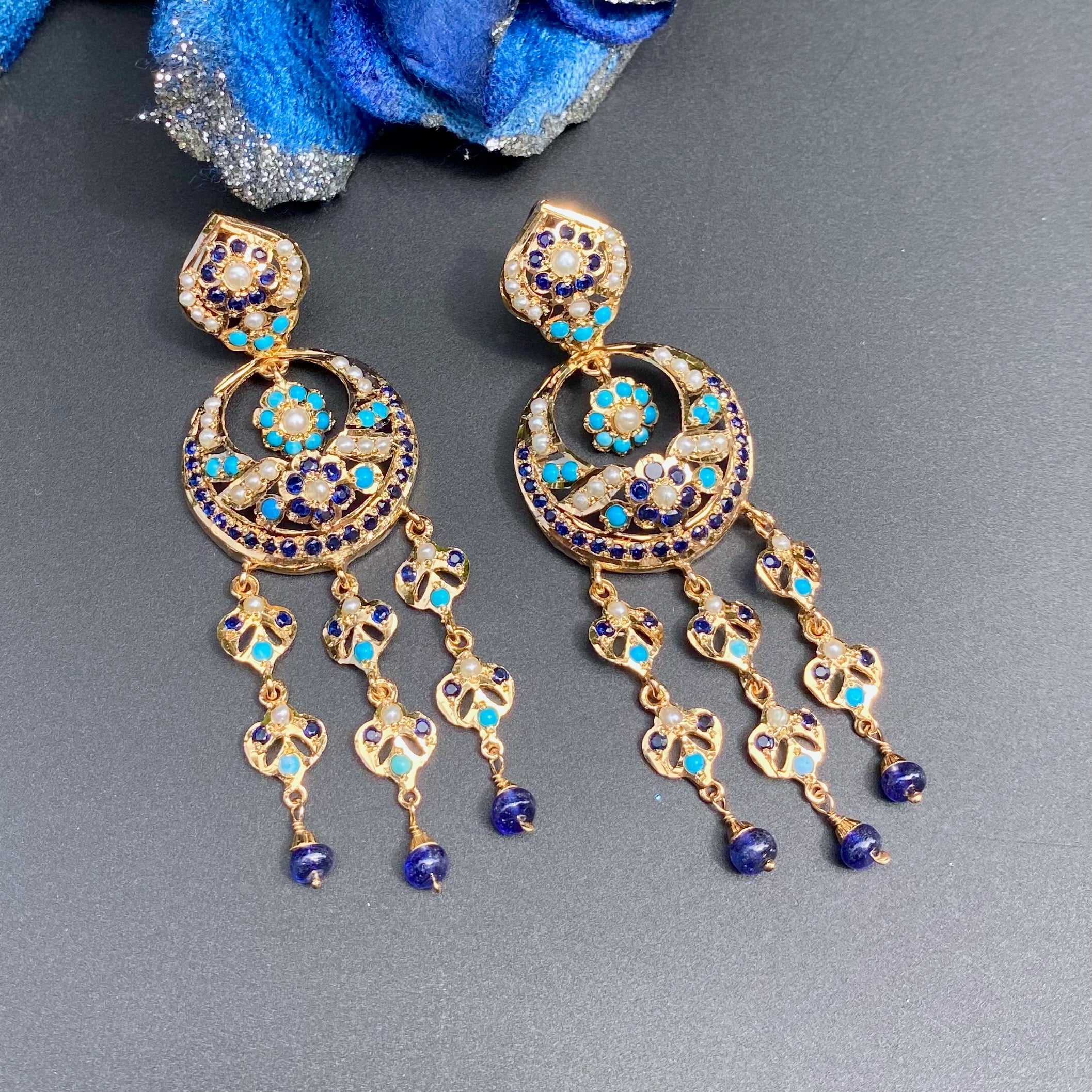Blue Chandbali Earrings | Long Jadau Earrings on Silver Base with Gold Plating ER 631