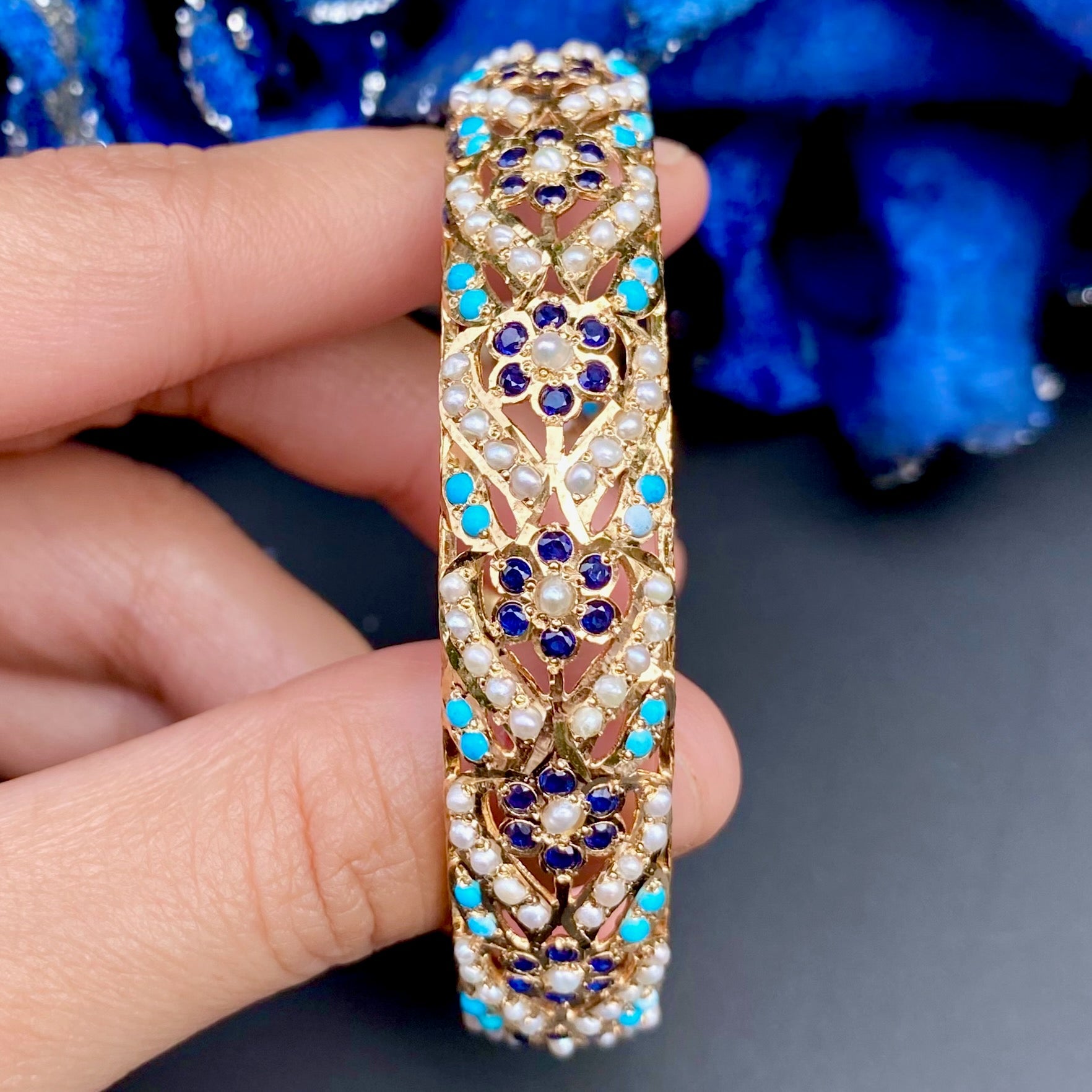 Intricately Crafted Floral Jadau Bangle with Blue Stones | Gold Plated on Silver BG 132