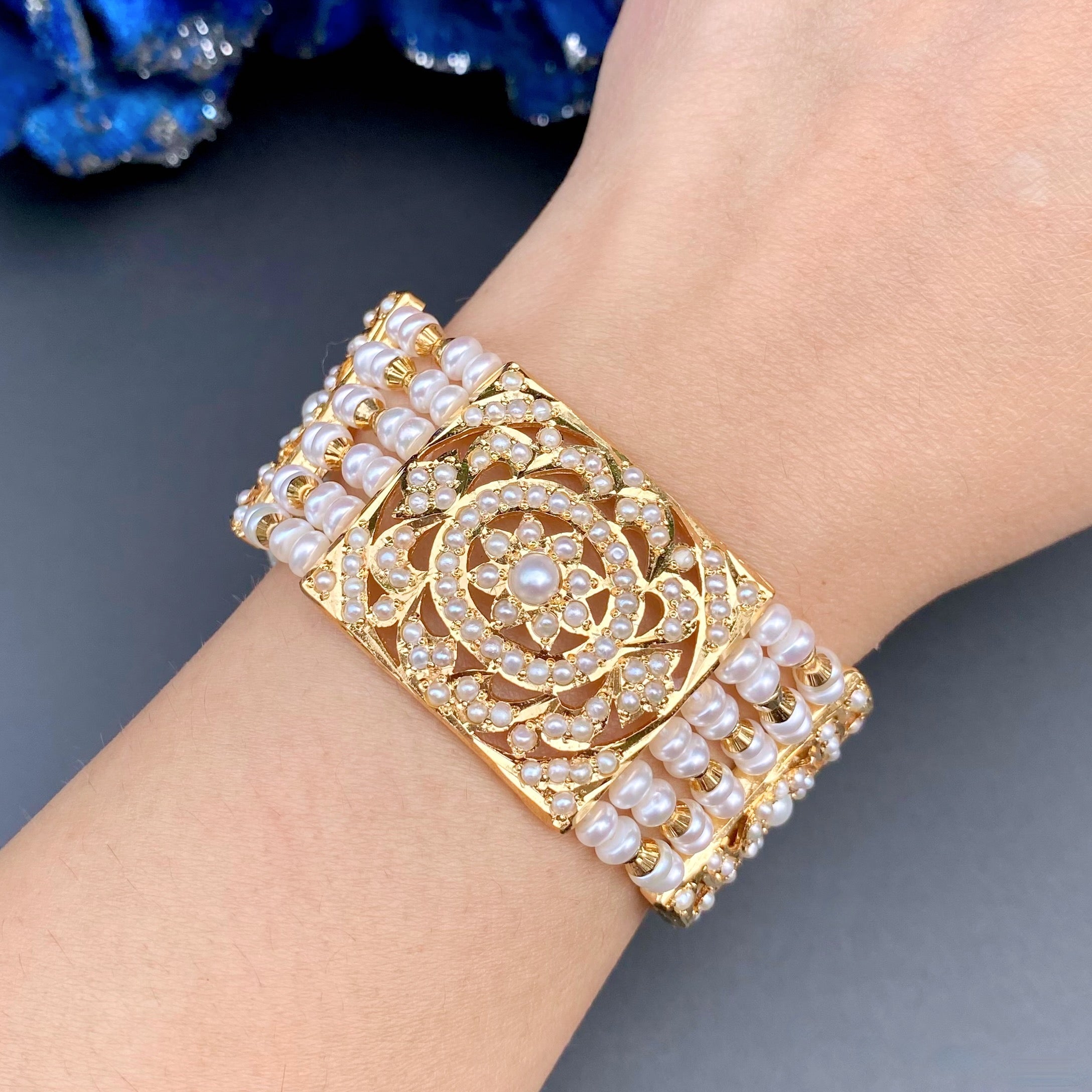 Traditional Pearl Dasti on 925 Silver with Gold Plating | Authentic Freshwater Pearls BG 136