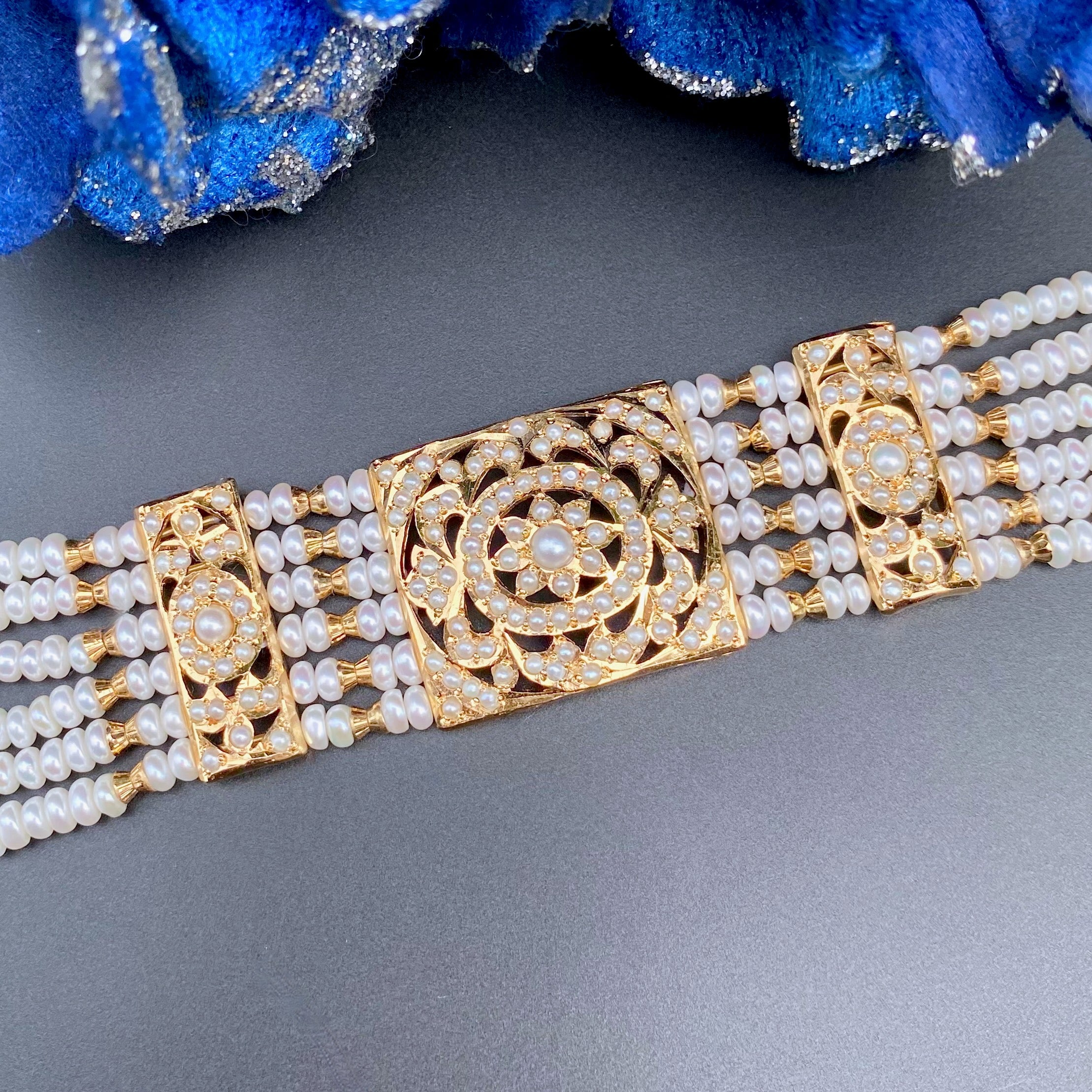 Traditional Pearl Dasti on 925 Silver with Gold Plating | Authentic Freshwater Pearls BG 136