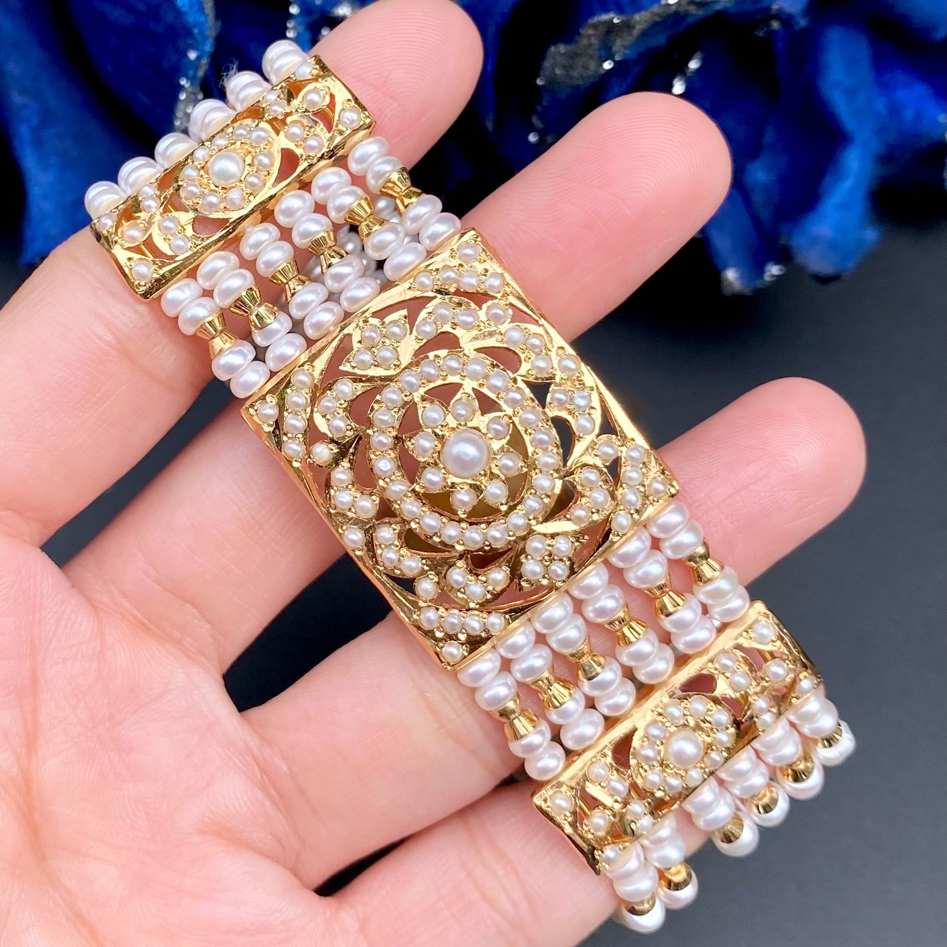 Traditional Pearl Dasti on 925 Silver with Gold Plating | Authentic Freshwater Pearls BG 136