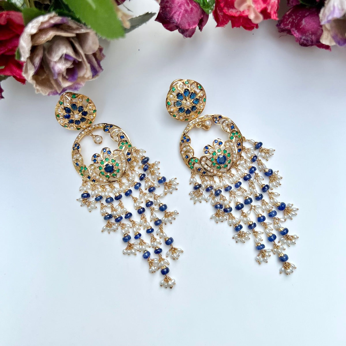 Gold Plated Chandbali with Long Hanging Beads Earrings in Silver ER 339