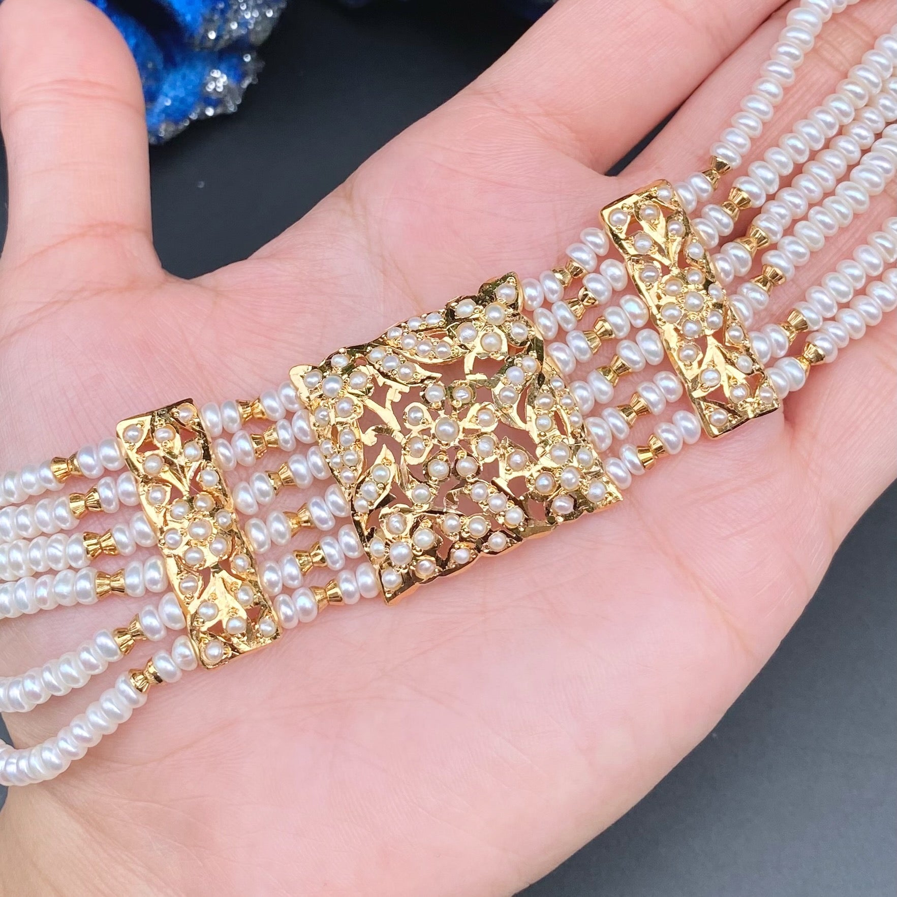 Traditional Hyderabadi Pearl Bracelet on 925 Silver with Gold Plating | Authentic Freshwater Pearls BG 138