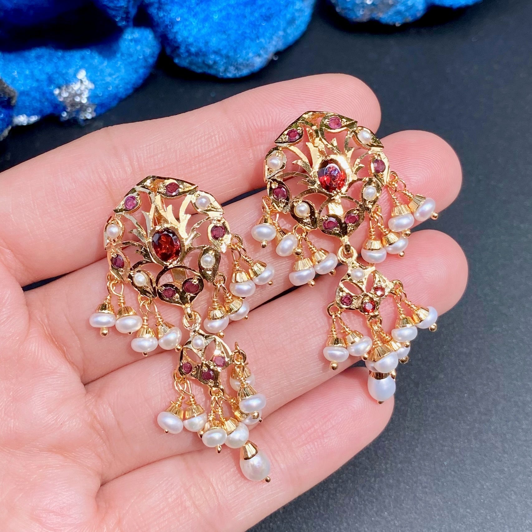 Garnet and Pearl Earrings For Women | Gold Plated on 925 Silver ER 620