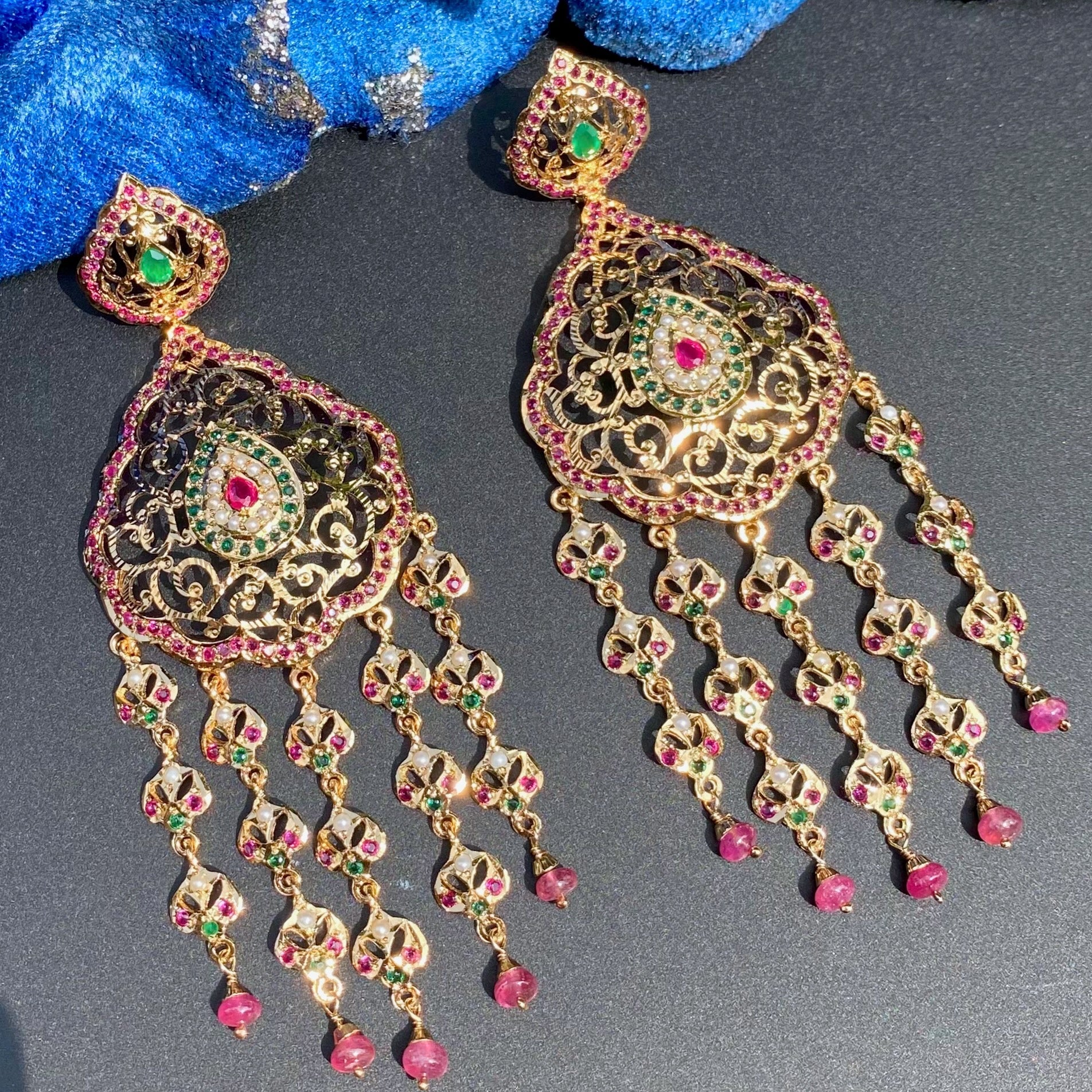 Statement Dangler Earrings | Gold Plated on Silver with Red Green Stones & Pearls | ER 602