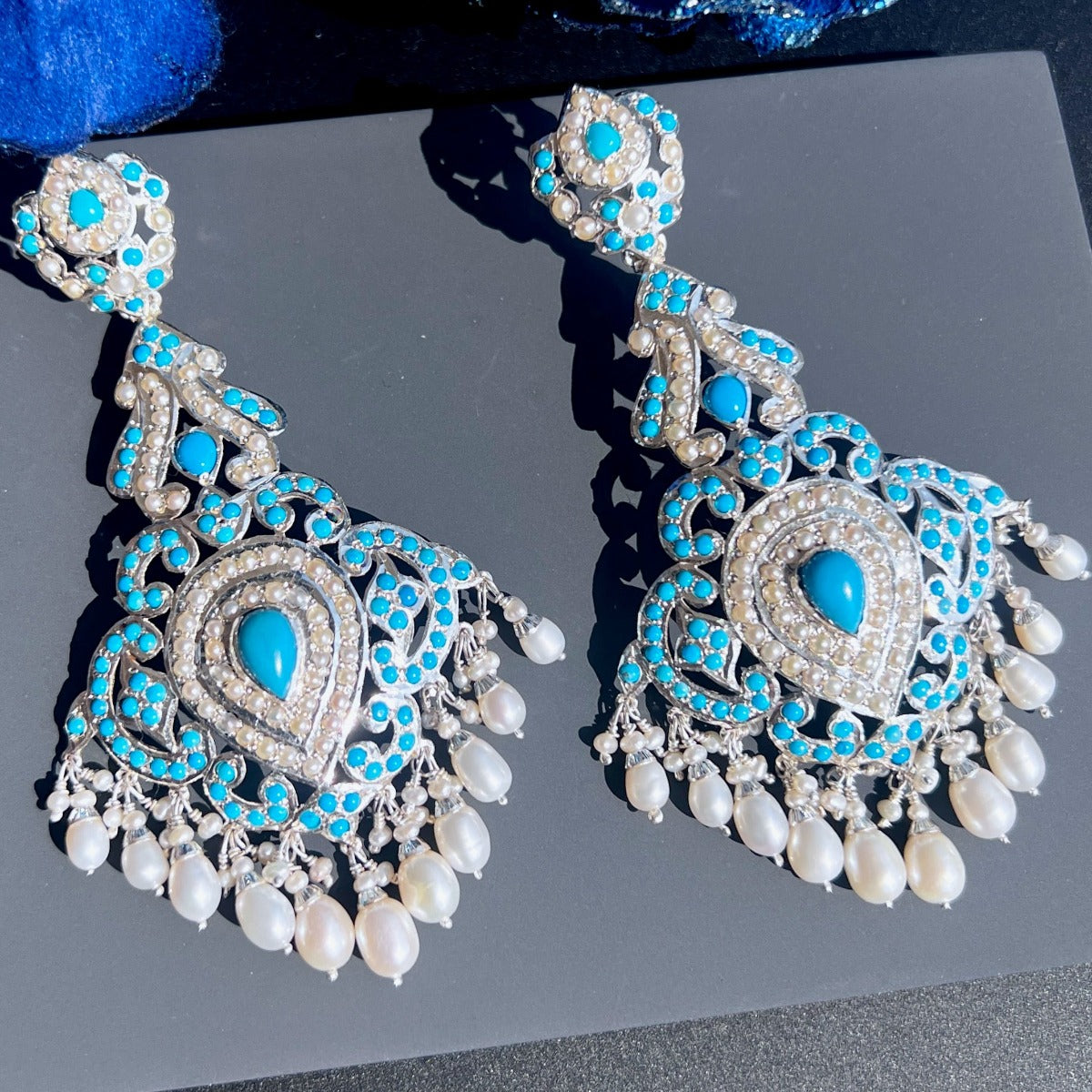 turquoise danglers with pearl drops