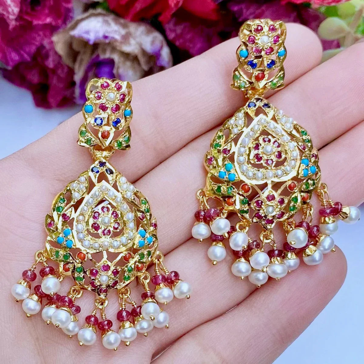 fine navratna earrings in gold plated silver