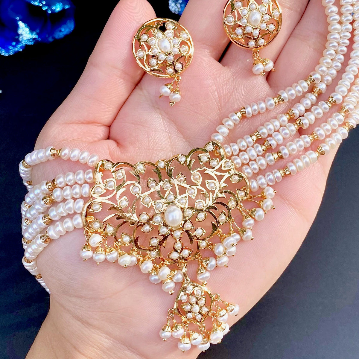Multi Strand Pearl Necklace With Studs | Layered Antique Choker Set ...