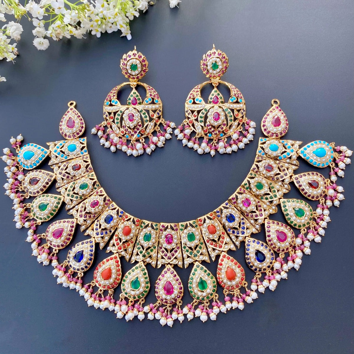 navratna necklace set with chand bali