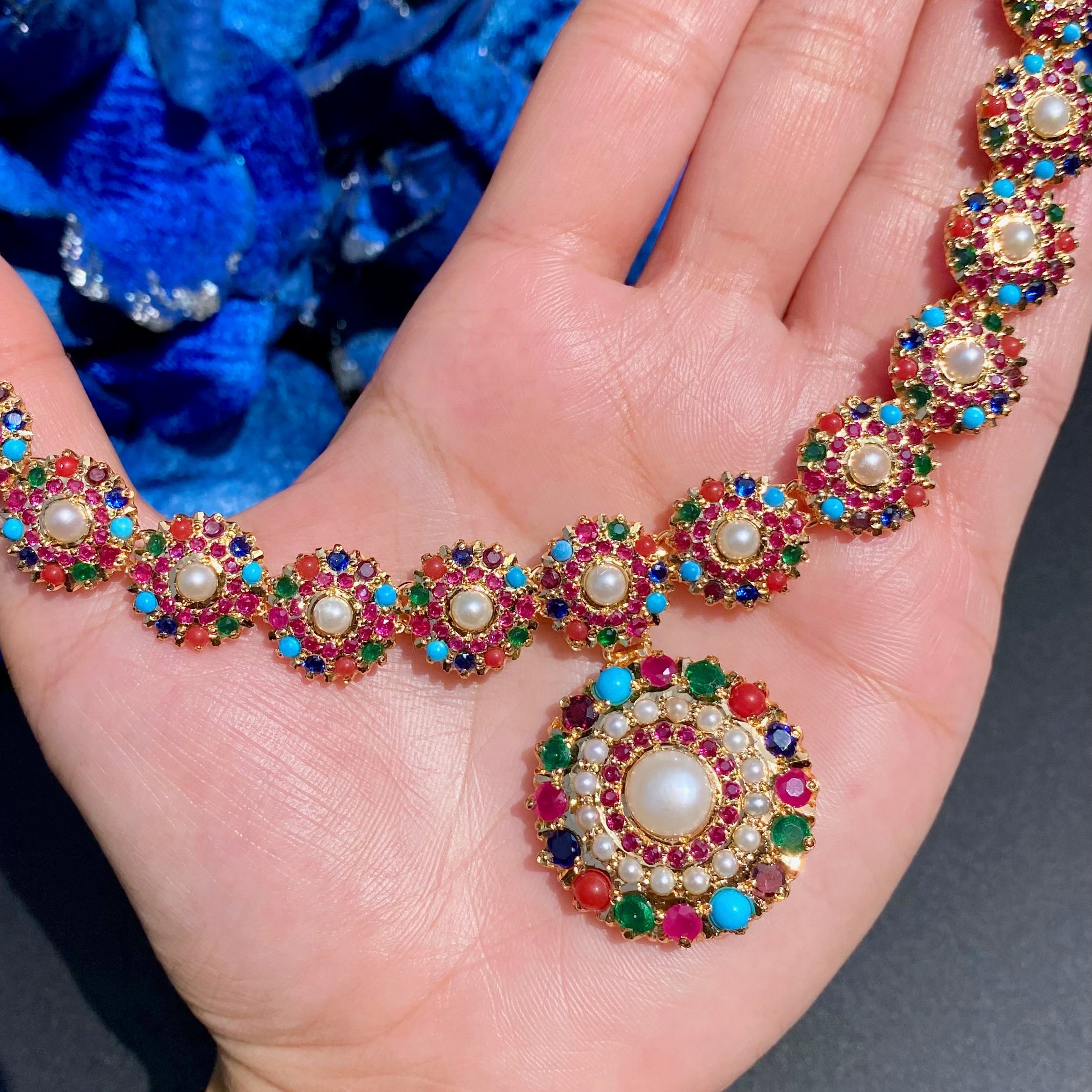 Sophisticated Navratna Necklace Set | 925 Sterling Silver with Gold Plating | NS 418