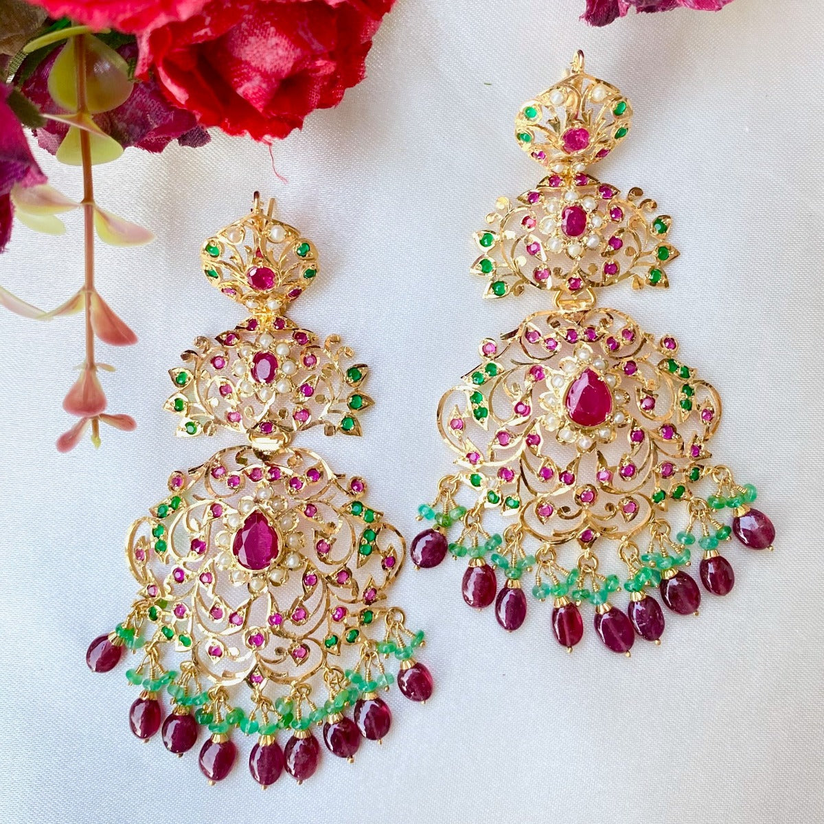 Multicolored Jadau Dangler Earrings in Gold Plated Silver ER 202