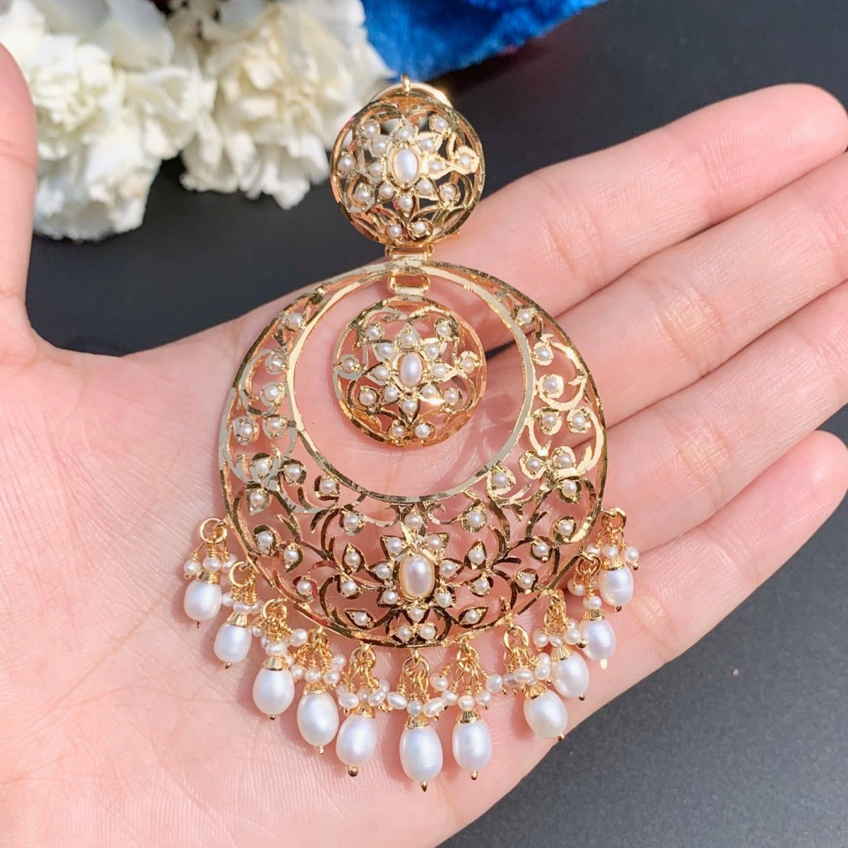 large pakistani gold plated chandbali with pearls