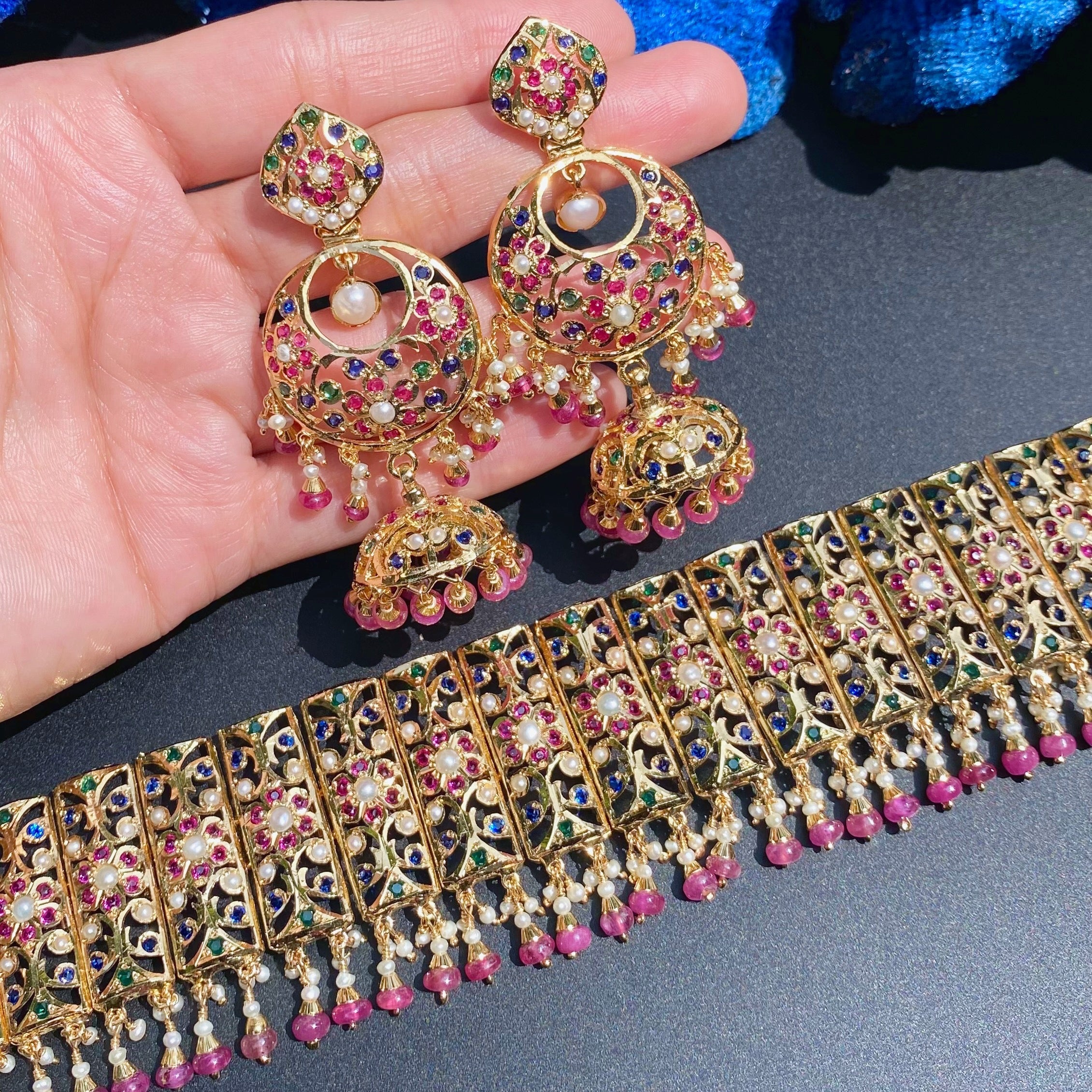 Bridal Choker Paired with Chandbali Earrings | Premium Indian Silver Jewelry | Gold Plated NS 419