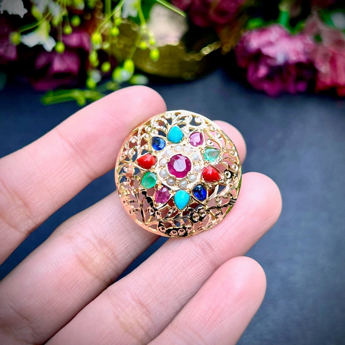 Navratana Cocktail Ring in 22k Gold GLR 026