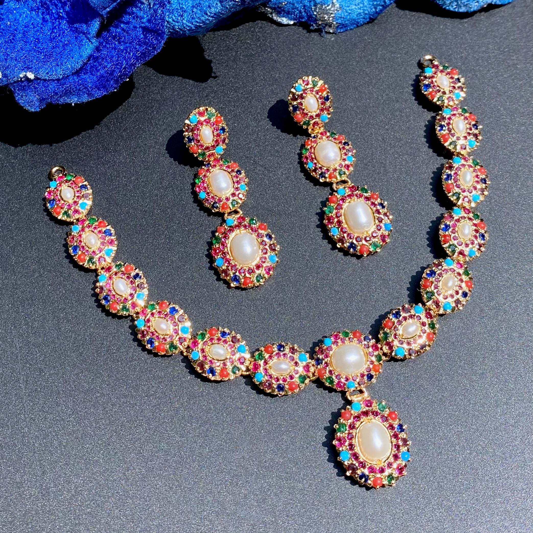 Unique Navratna Necklace Set | Gold Plated on Silver Jewelry | NS 420