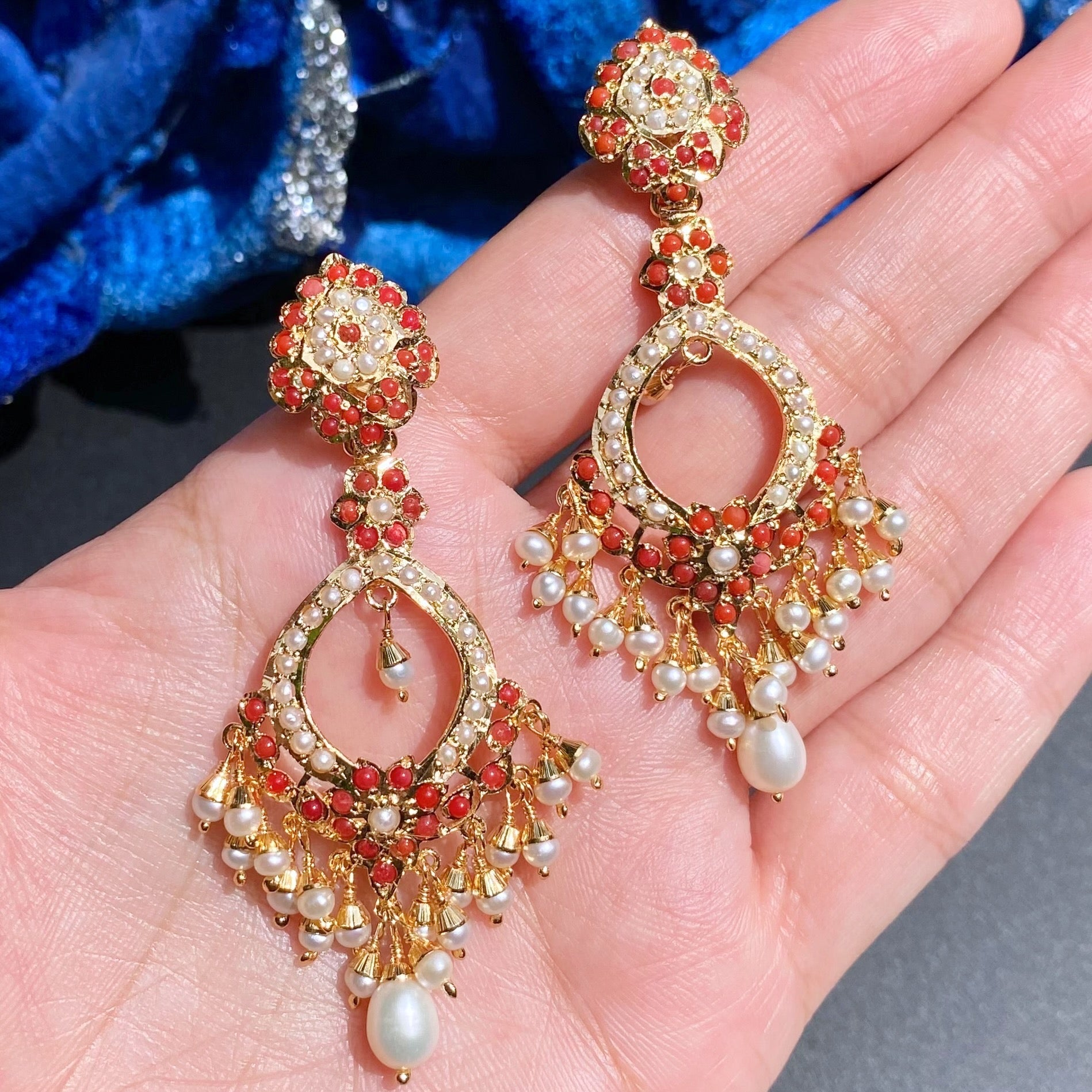 Coral Earrings | Gold Plated on Silver | Moonga & Pearl Danglers ER 607
