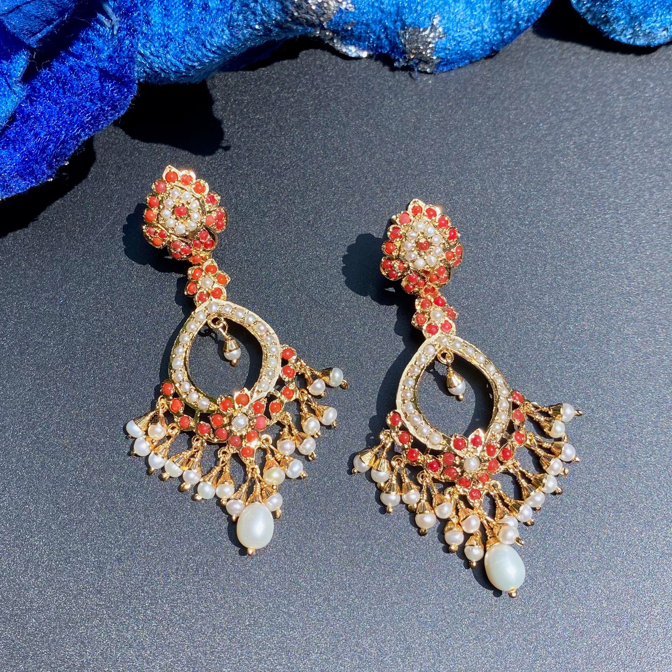 Coral Earrings | Gold Plated on Silver | Moonga & Pearl Danglers ER 607